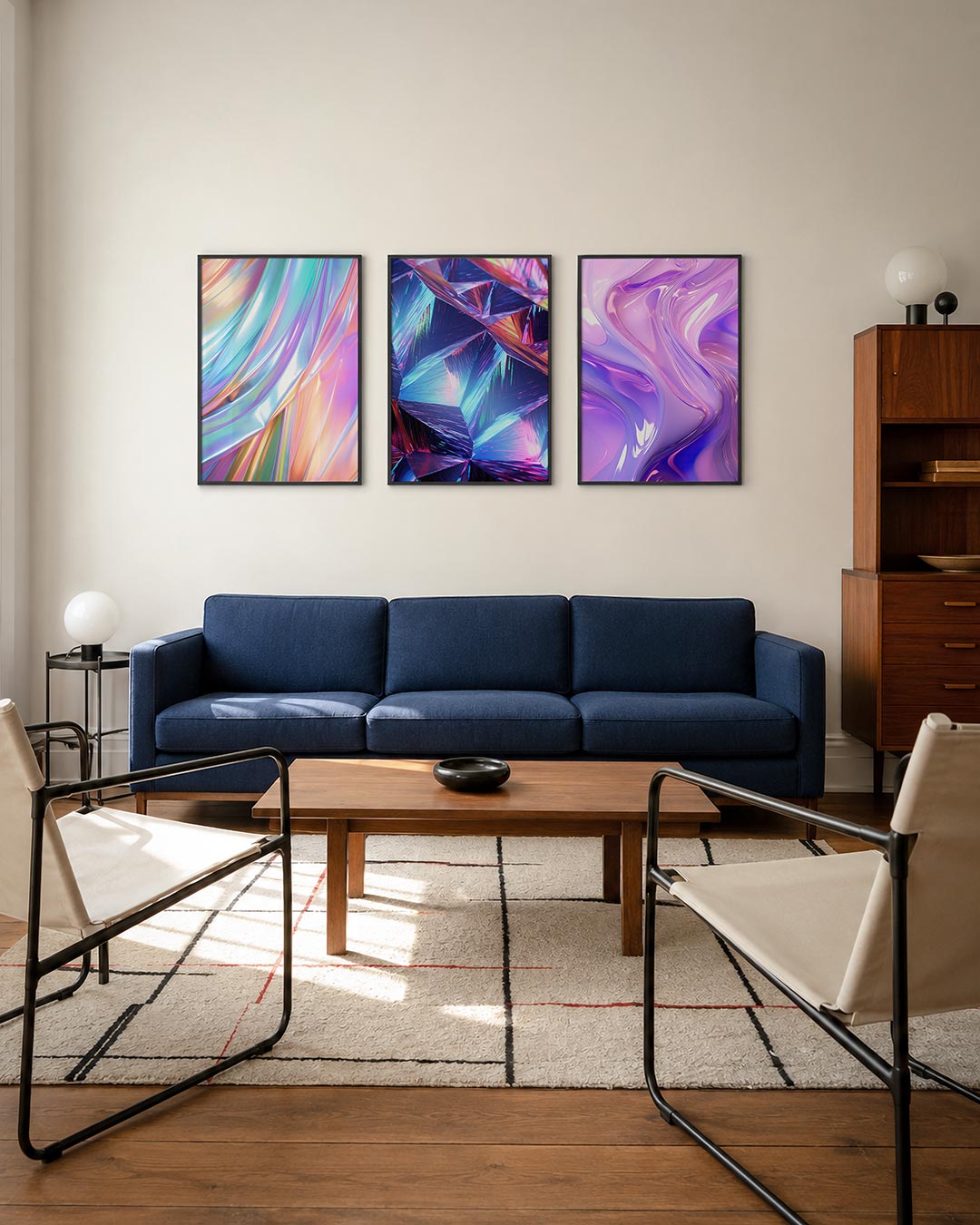 Iridescente kleurslierten posterset – tweede productweergave – deze posterset in drie delen toont vloeiende lijnen in