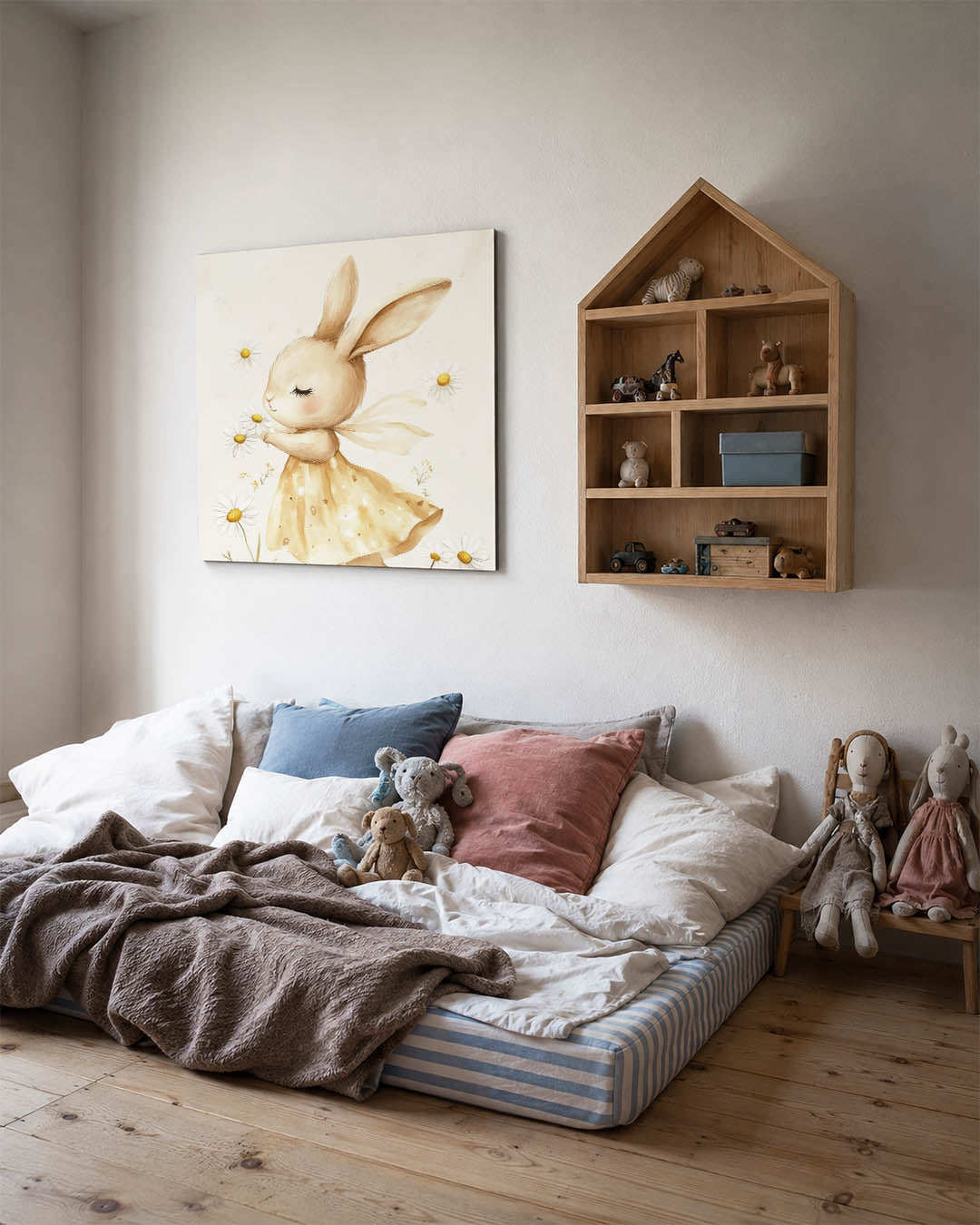 Dromerig konijn kunstwerk – derde productweergave – een schattig konijn in een beige jurk omringd door witte bloemen. De