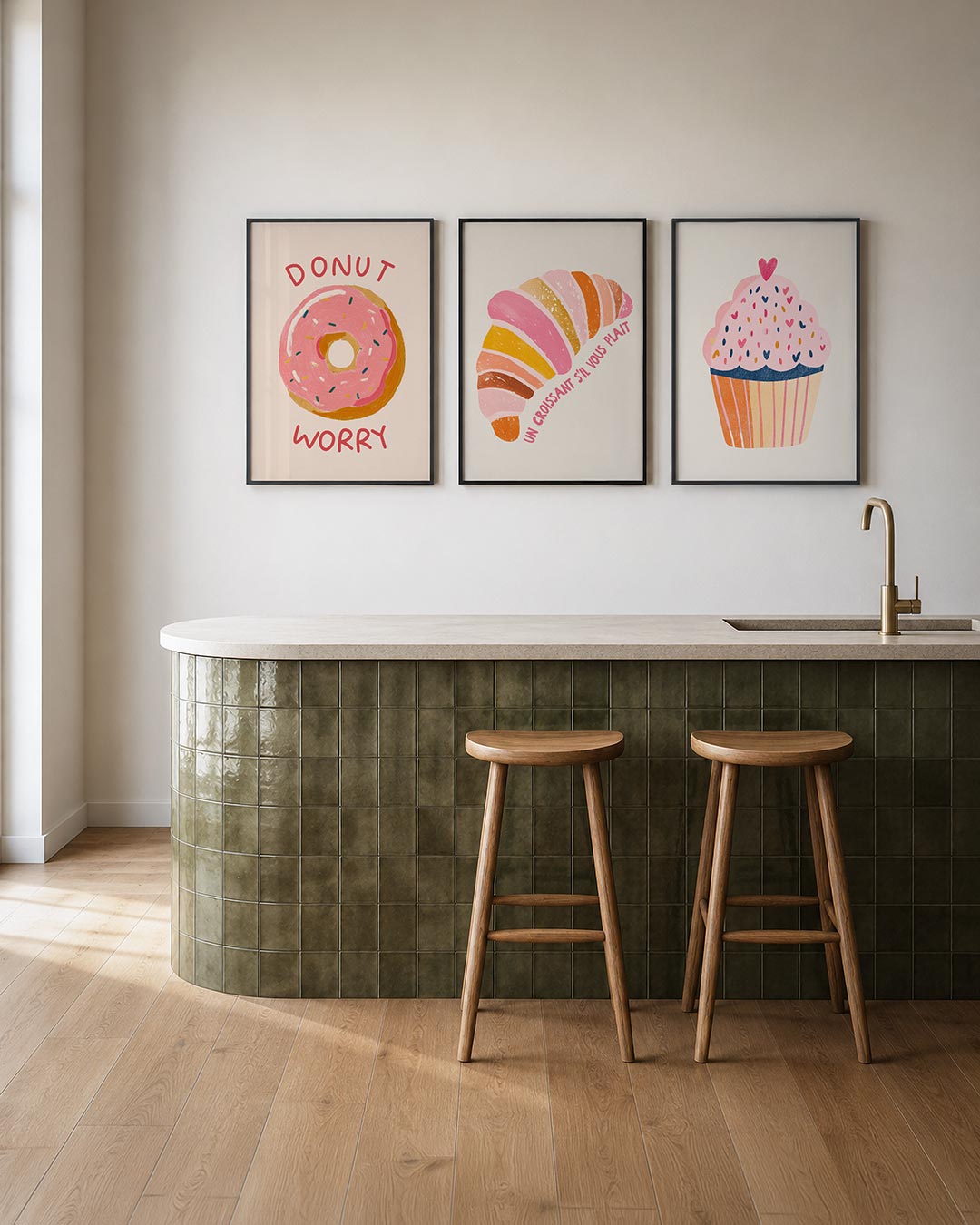Zoete inspiratie posterset – tweede productweergave – een vrolijke donut met roze glazuur en kleurrijke