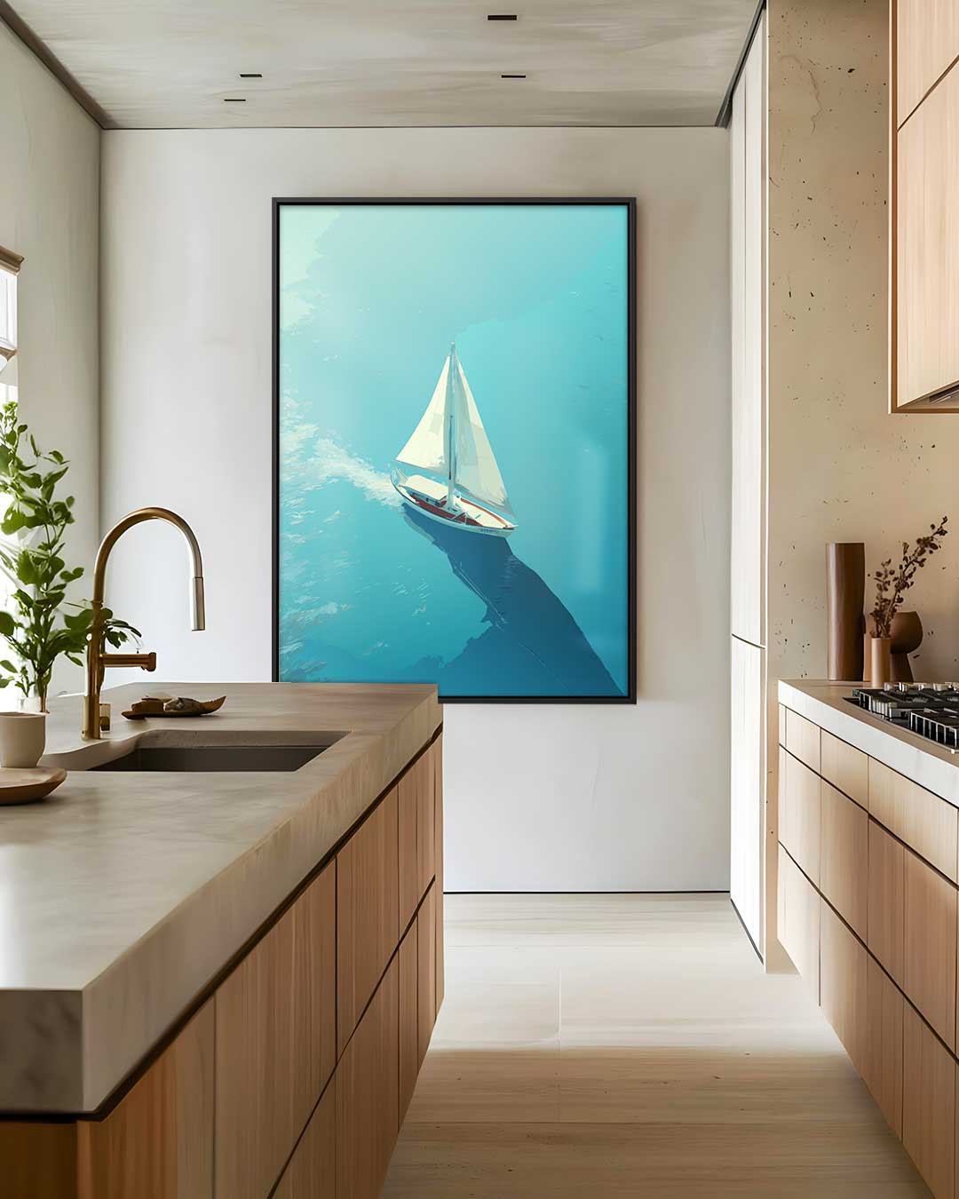 Zeilboot op Kalme Zee – staand kunstwerk voor modern interieur
