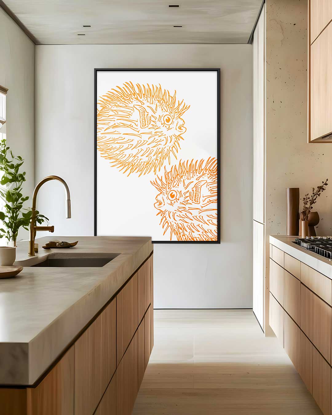 Opvallende Oranje Kogelvis Illustratie – kunstwerk met zwarte baklijst