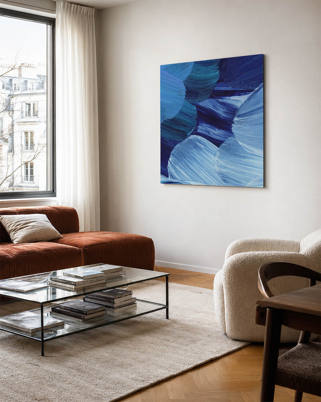 Dynamische blauwe borstels kunstwerk – vierkante wanddecoratie – dit kunstwerk toont een levendige compositie van blauwe