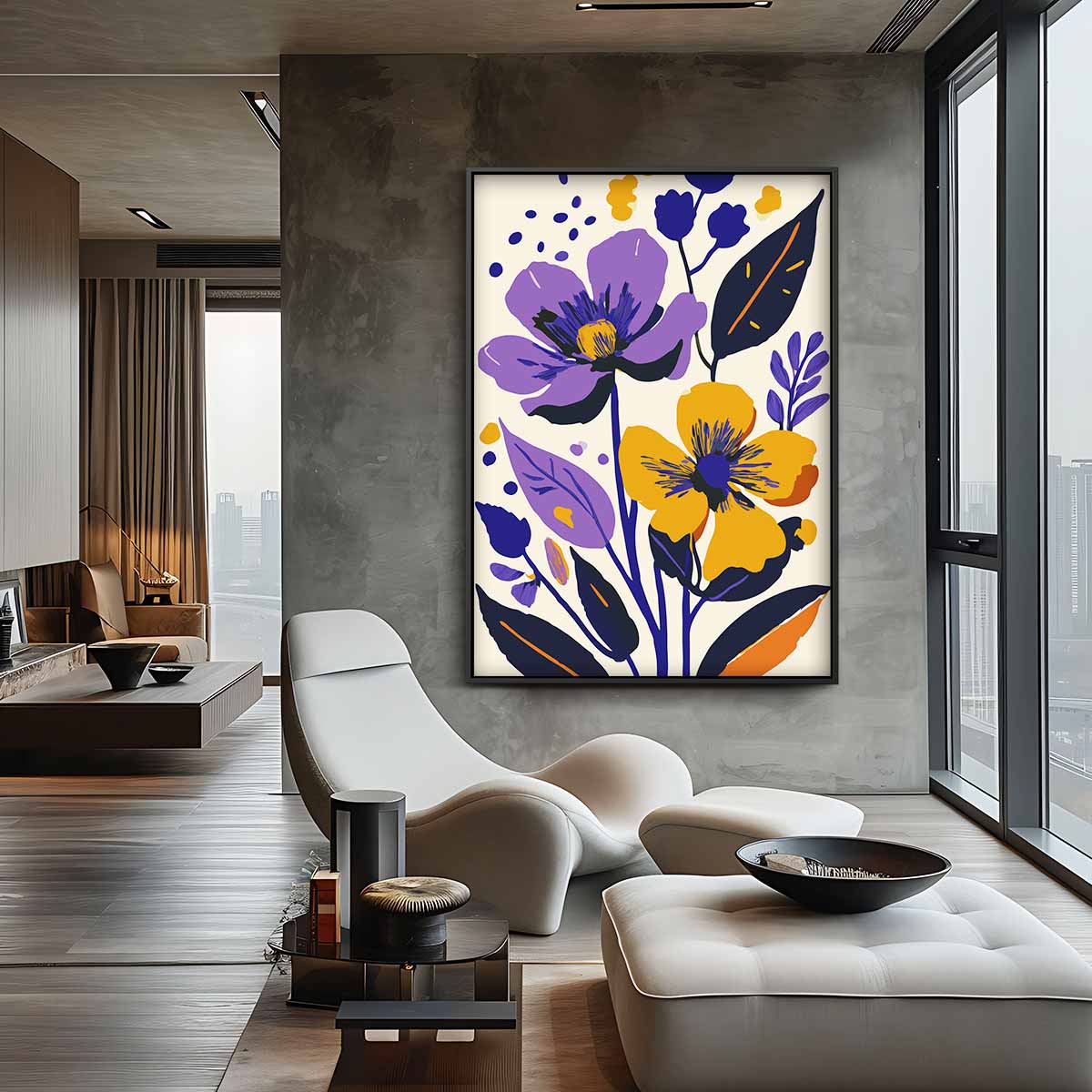 Bloemenpracht in Paars en Oranje – canvas kunstwerk als wanddecoratie