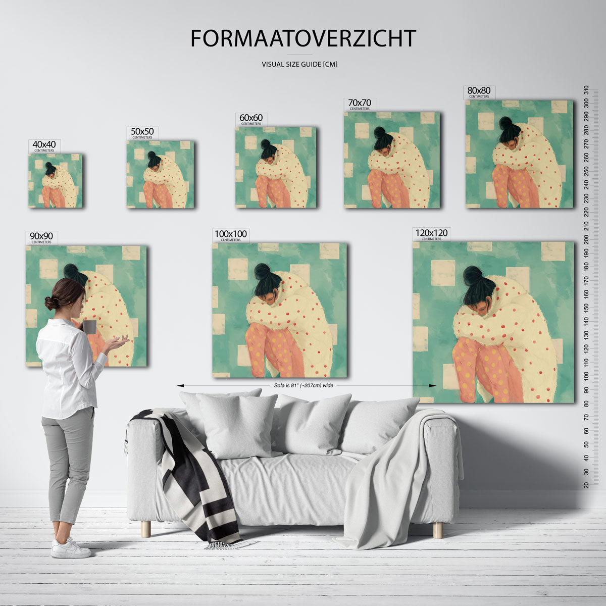 Vrouw in stippenjas – vierkante muurposter voor een modern interieur