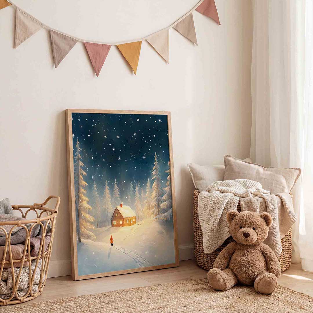 Winterlandschap met huis – speelse wandkunst als portret kinderposter