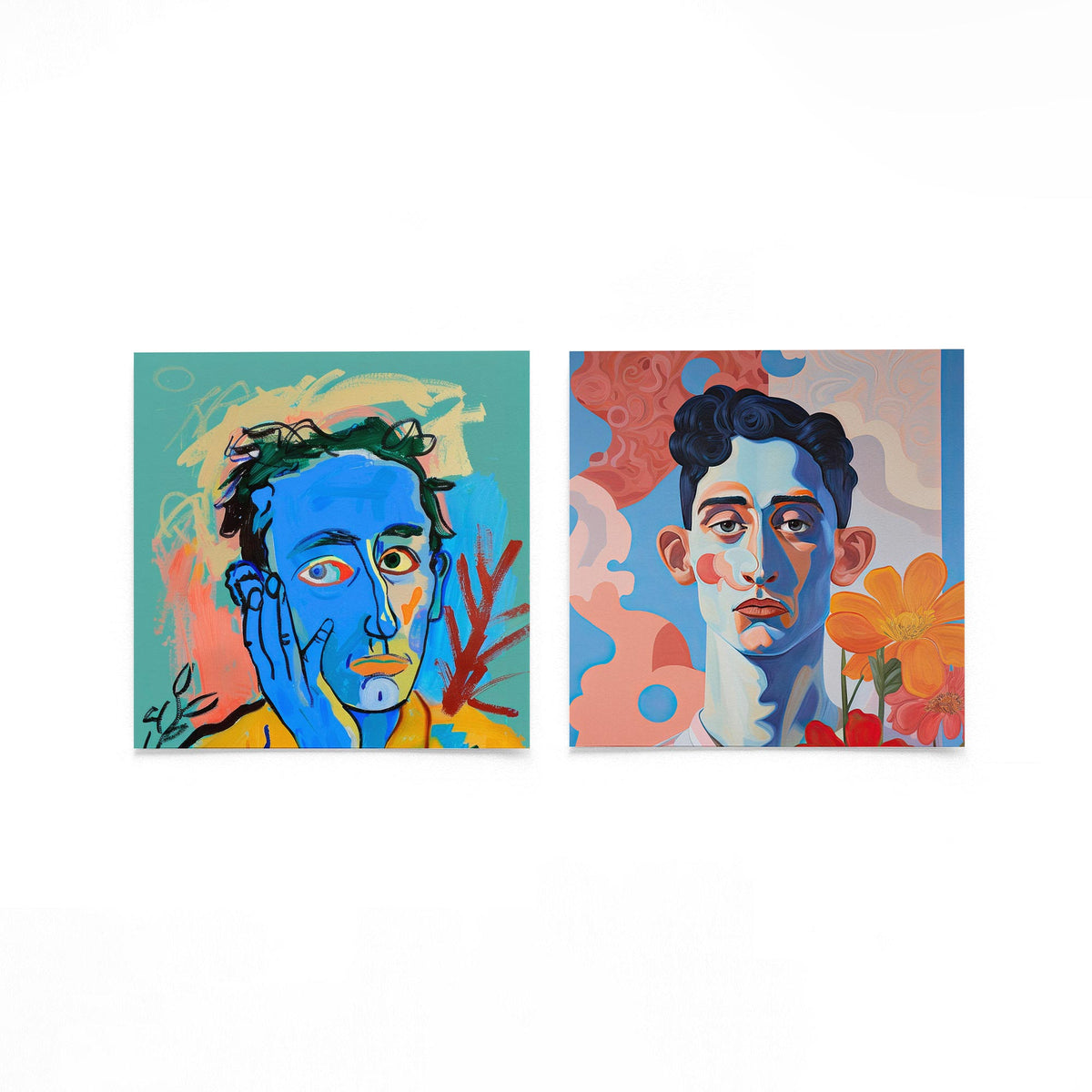Twee vierkante posters met blauwe portretten op een gebroken witte achtergrond