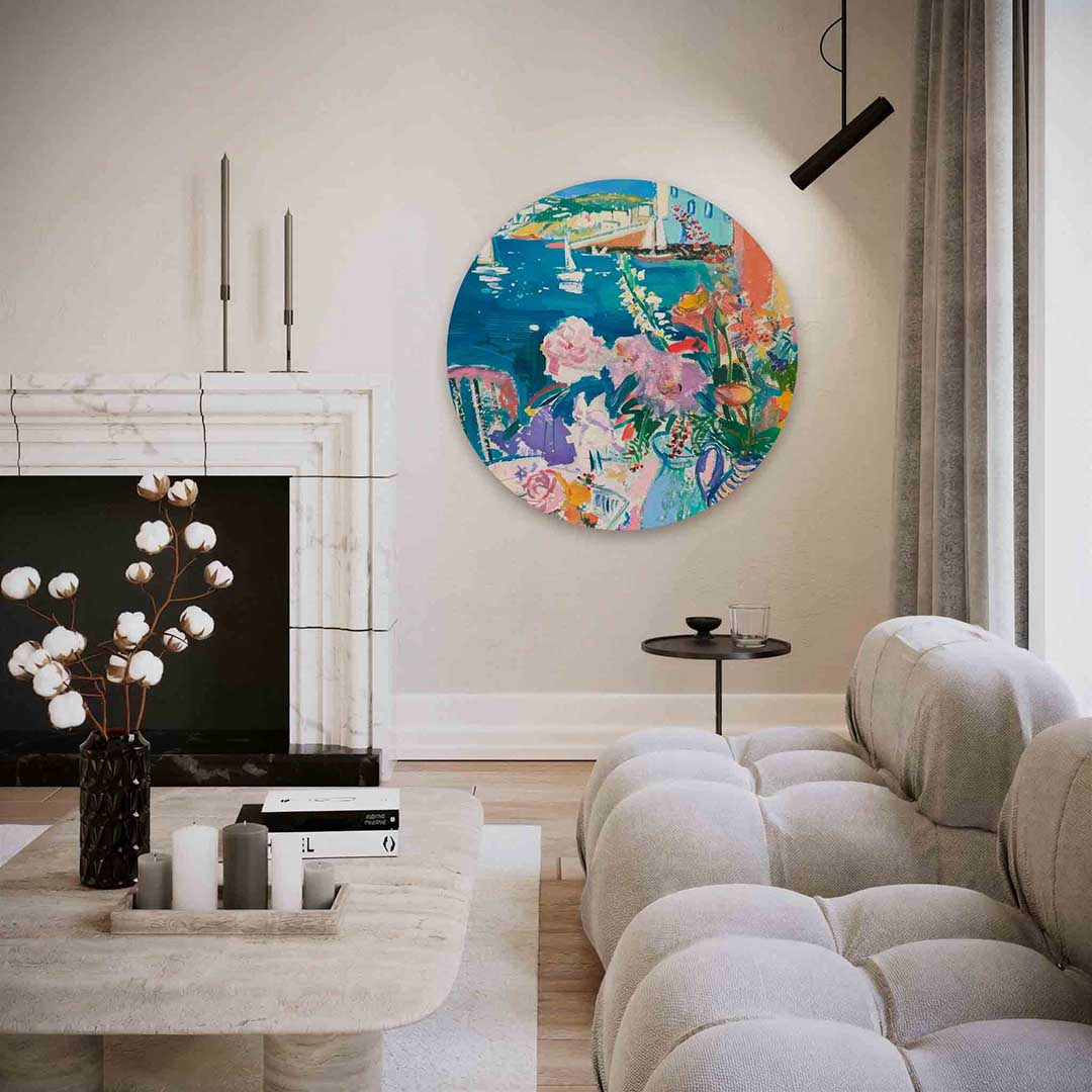 Bloemen en zeilboten – abstracte textuur muurcirkel als wanddecoratie