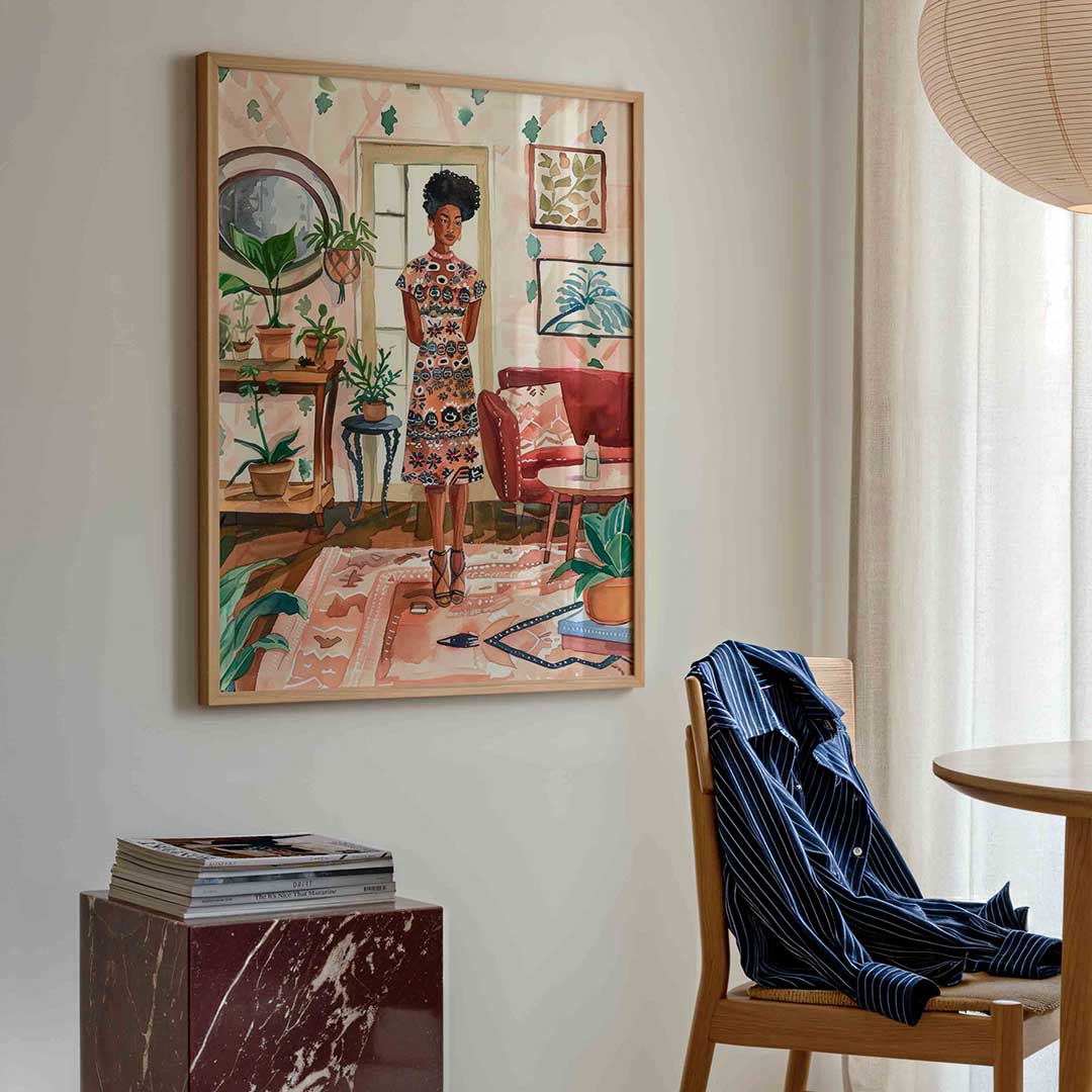 Vrouw in interieur – kleurrijke illustratie poster in staand formaat