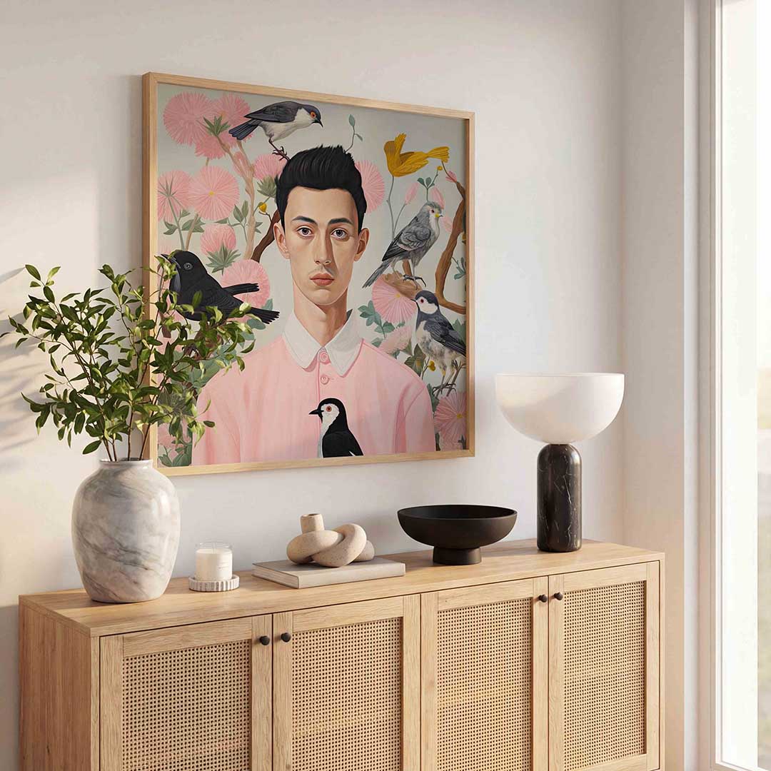 Man met vogels – illustratie poster in vierkant formaat