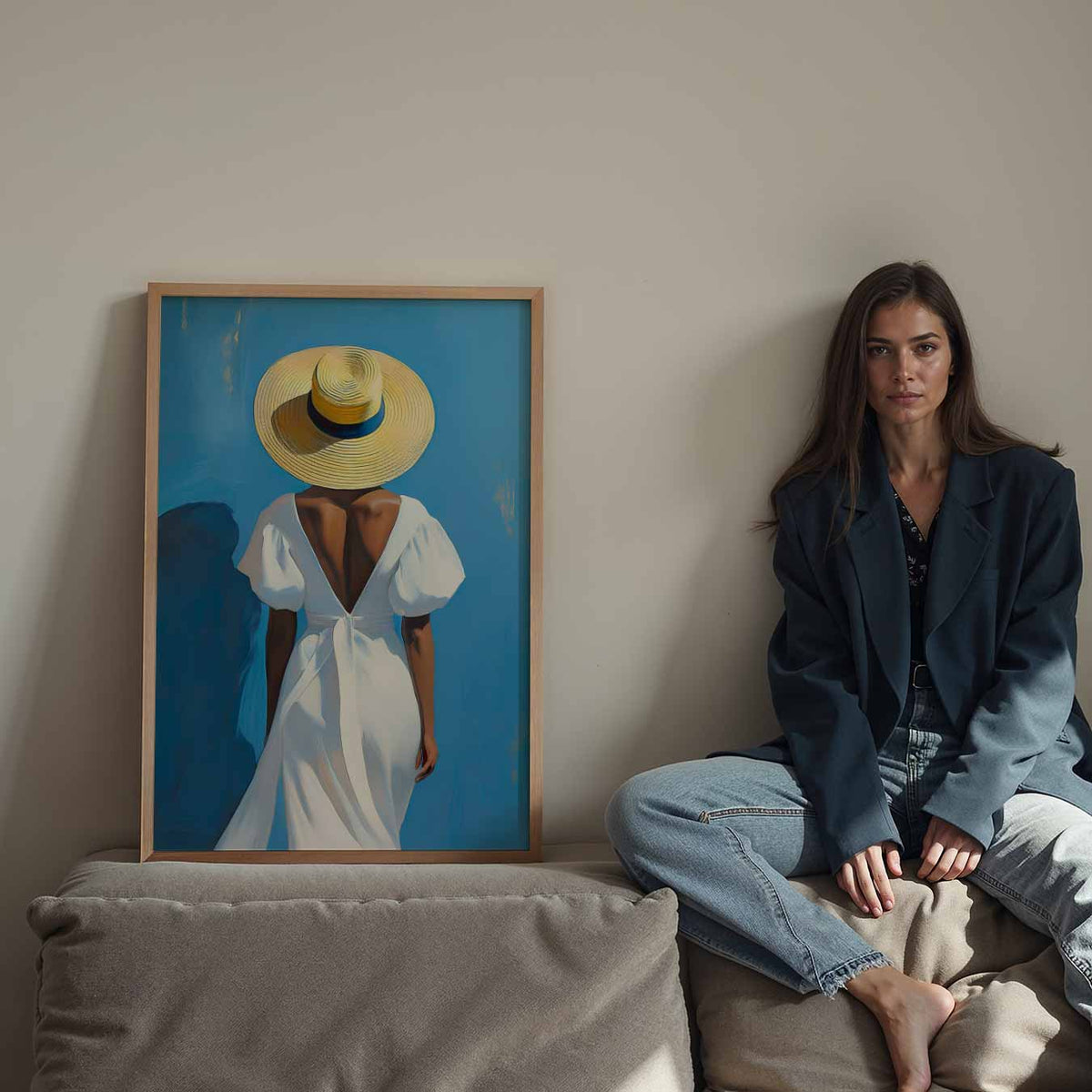 Zomerse Elegantie in Blauw – Streetart wandkunst als portret poster