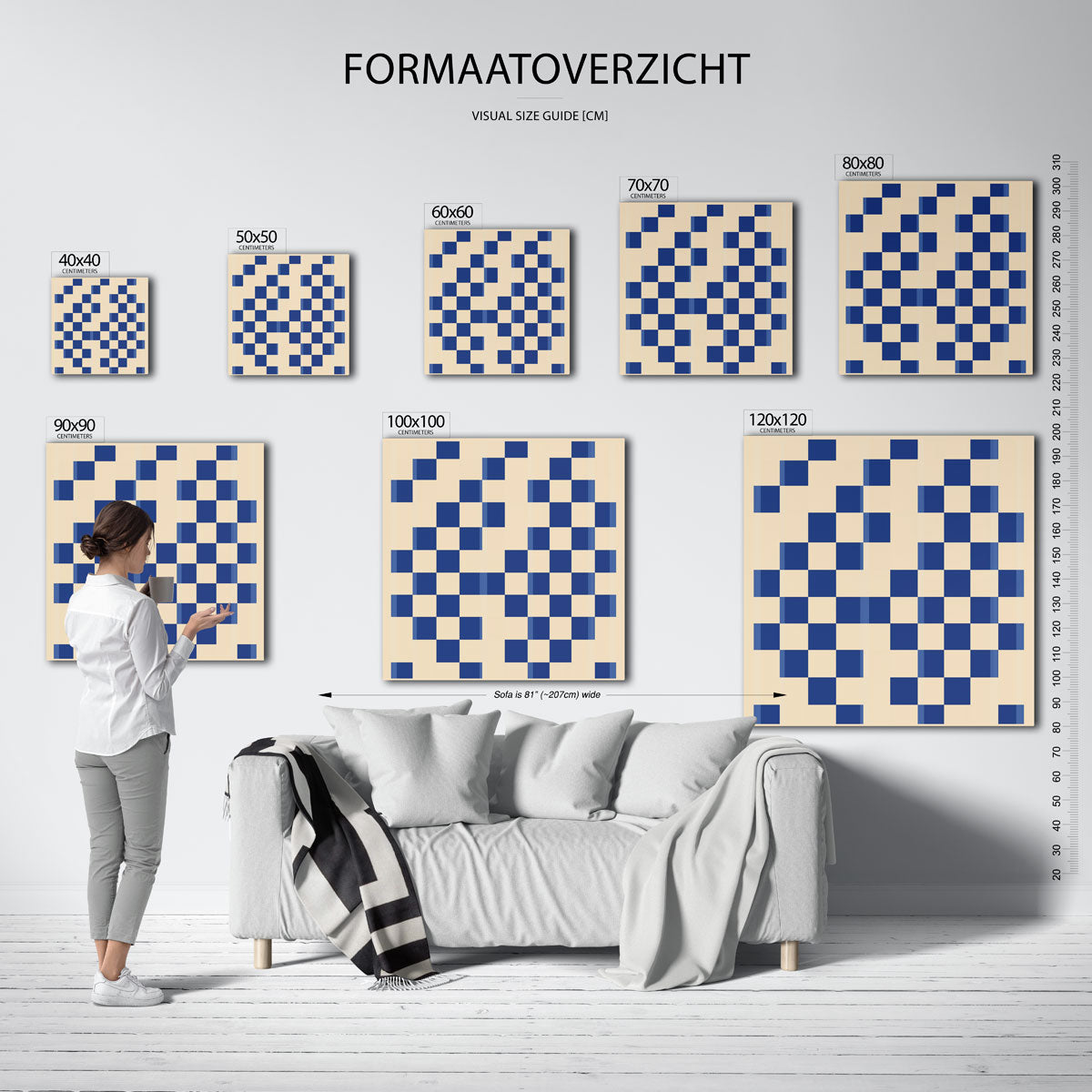 Blauwe ruitpatroon – vierkante muurposter met kleurrijke vormen