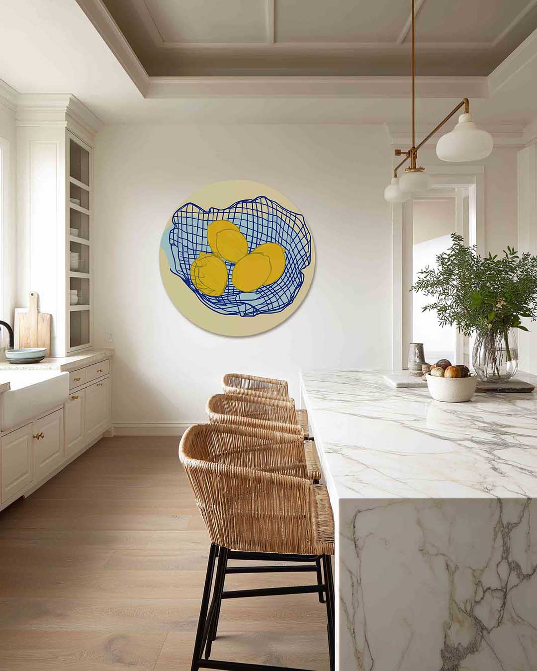 Citroenen in mand – abstracte muurcirkel als ronde wanddecoratie