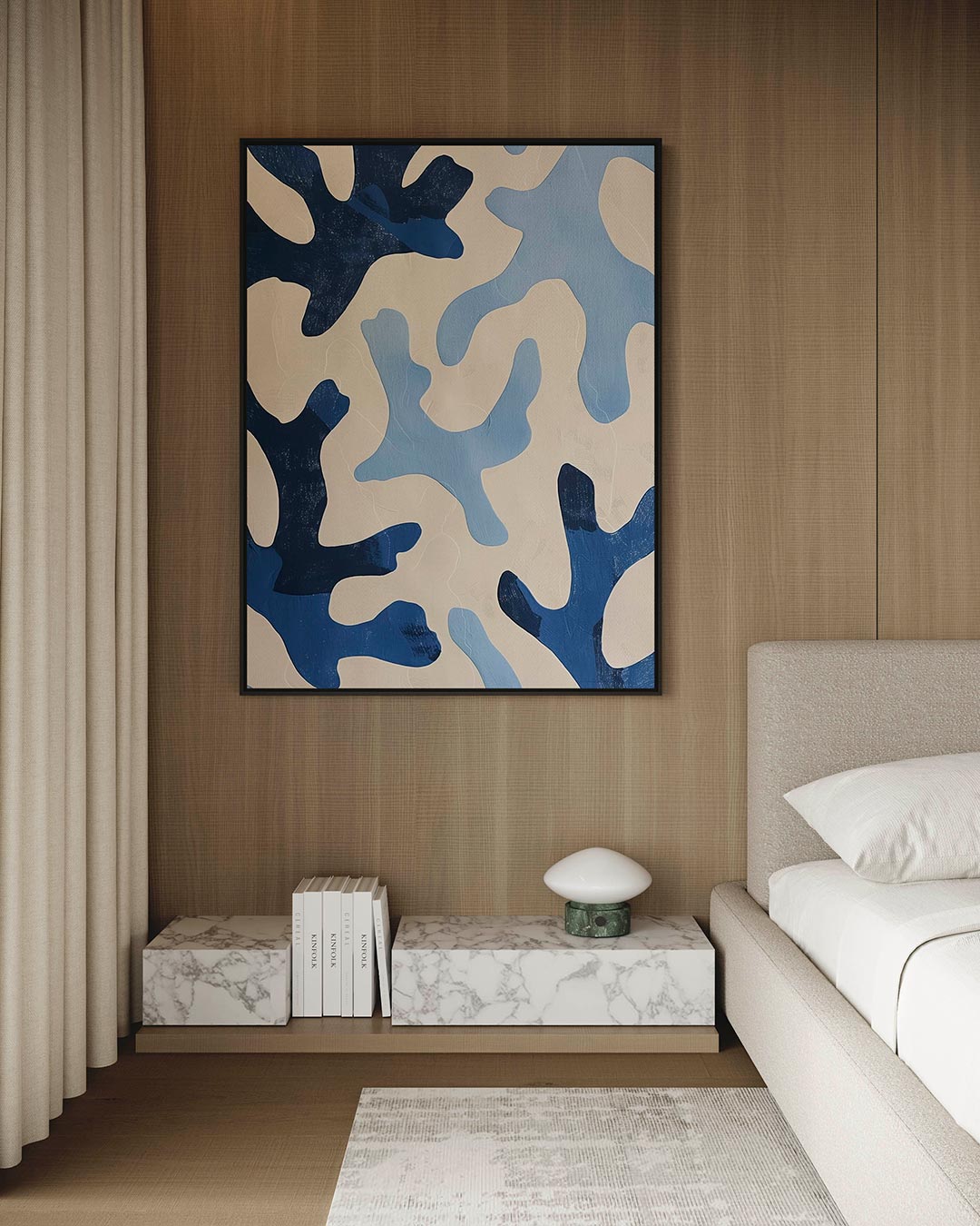 Organische blauwe vormen – kunstwerk op canvas, dibond of plexiglas