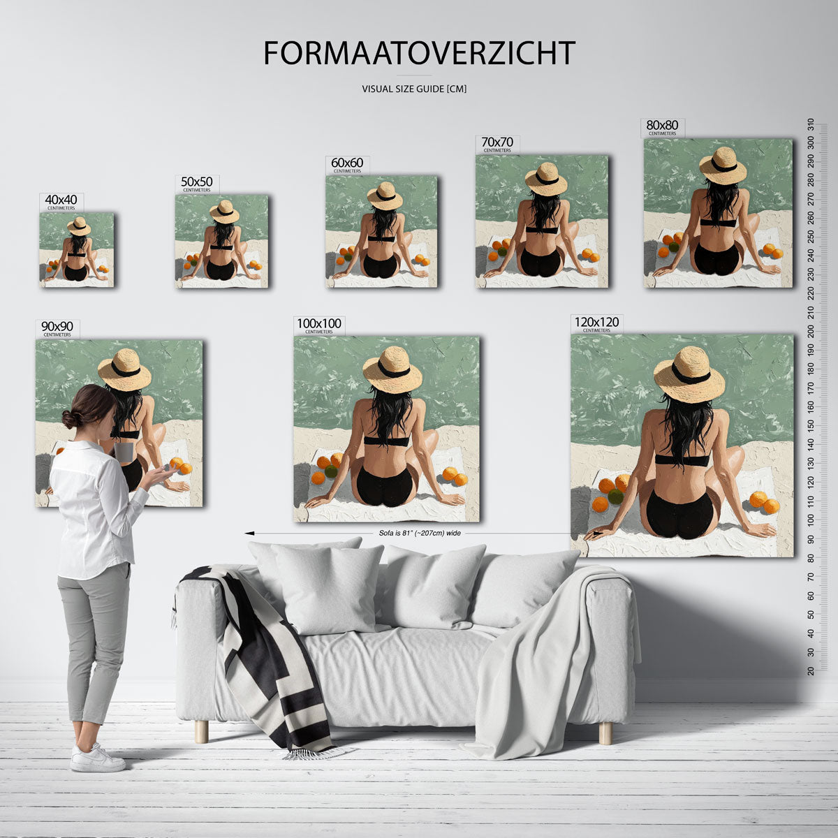 Vrouw op strand met hoed – vierkante muurposter voor een modern interieur