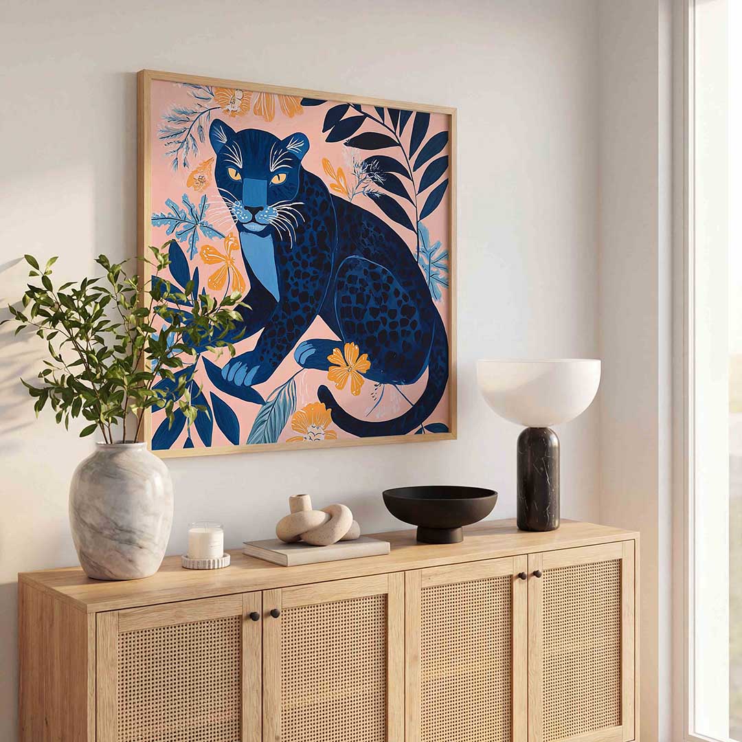 Panter en bladeren – tropische poster in vierkant formaat