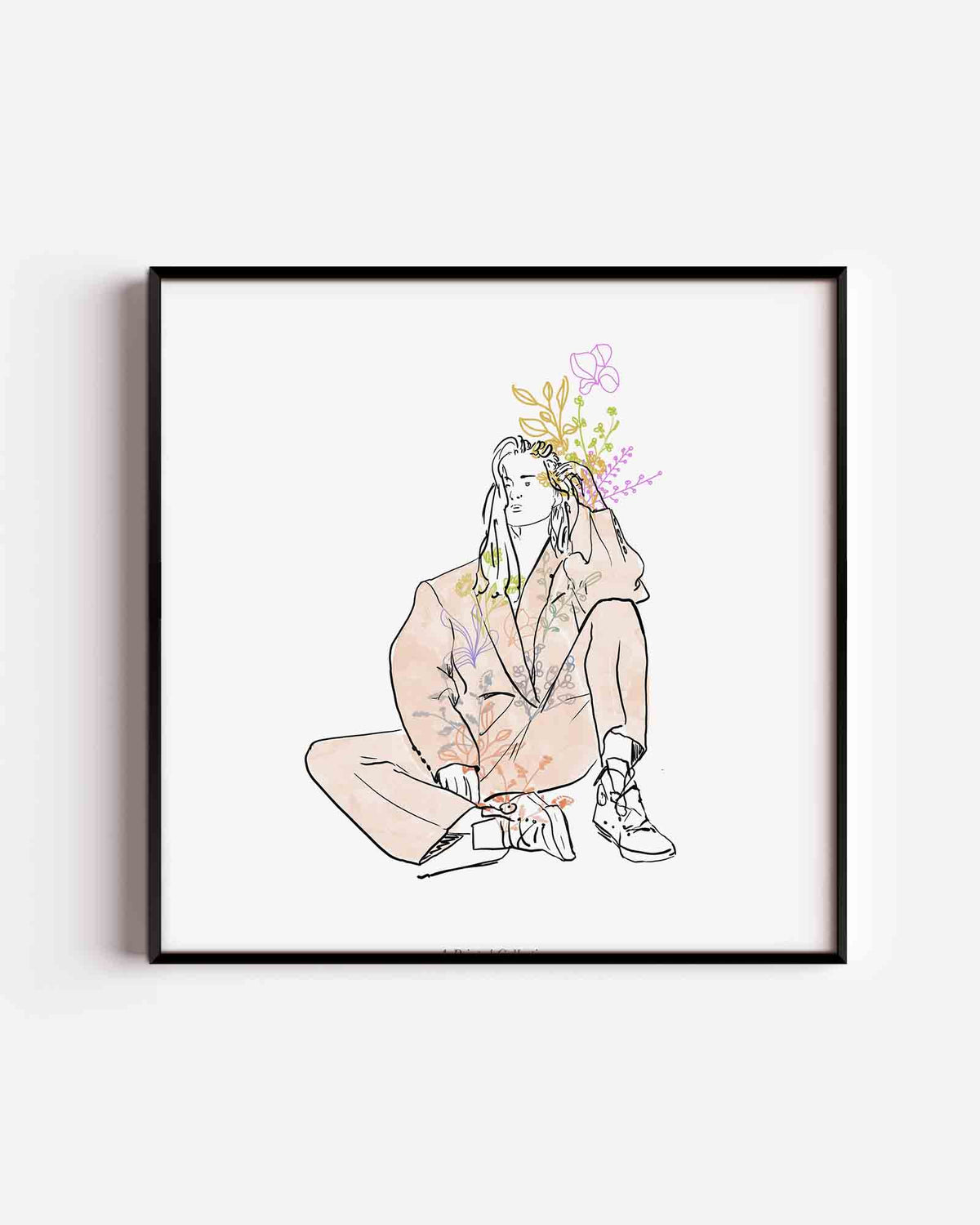 Zittende figuur met bloemen – vrouwelijk portret als vierkante poster