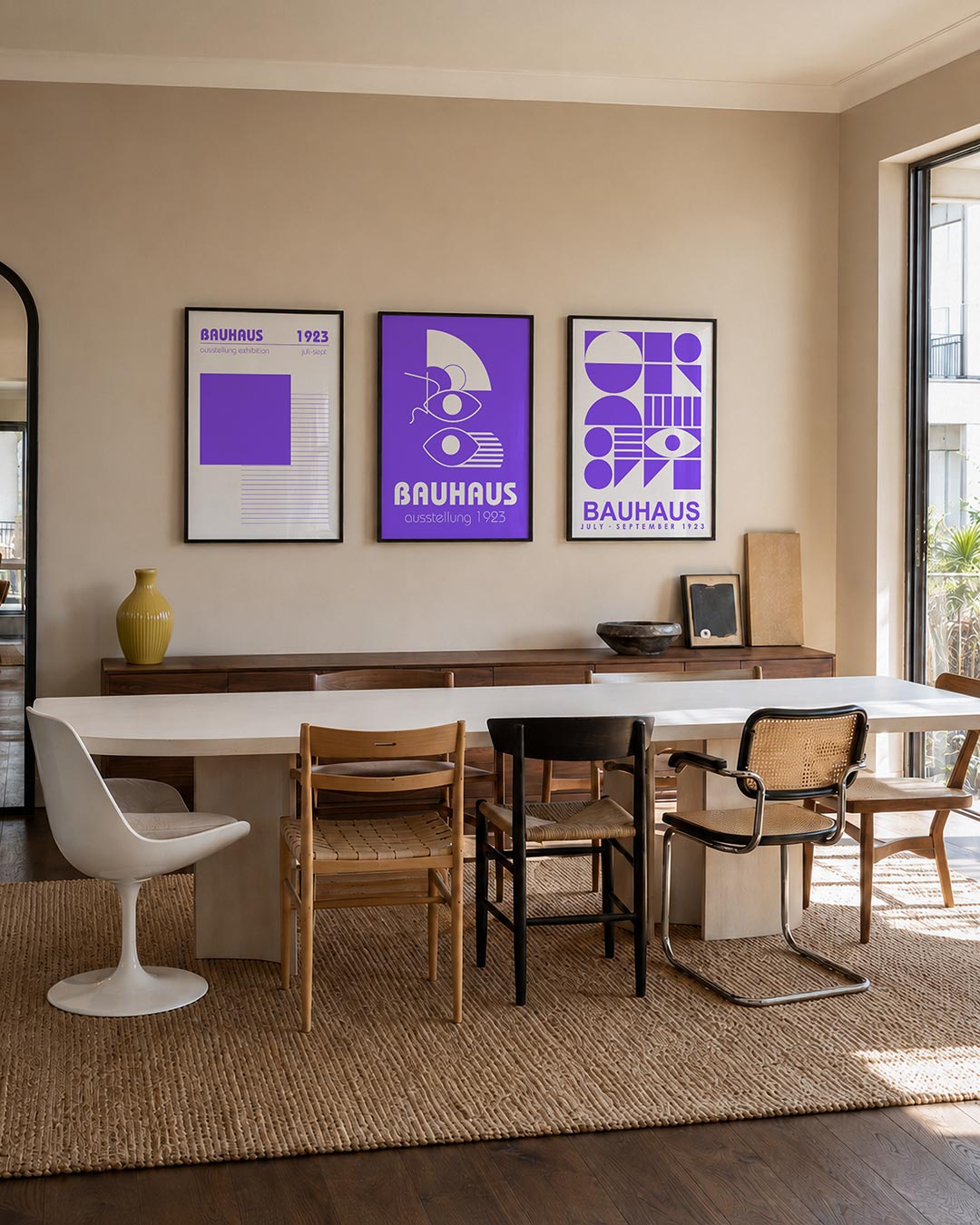 Vorm en lijnen driedelige posterset – deze posterset in drie delen toont een groot paars vierkant