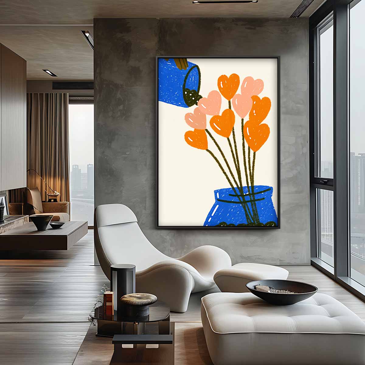 Bloemenhartjes in Blauwe Vaas – staande wandkunst voor woonkamer of interieur
