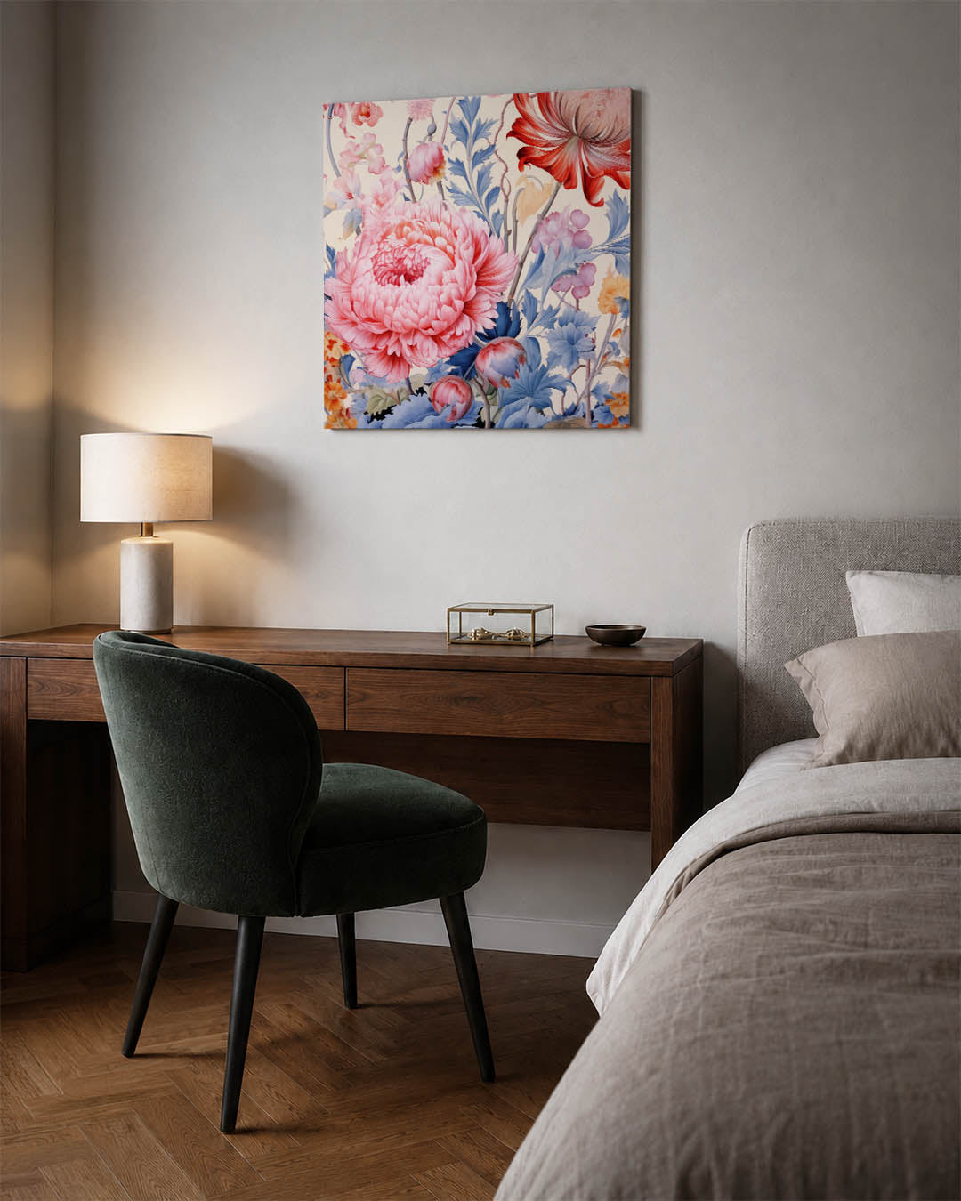 Bloemrijke fantasie kunstwerk – materiaalweergave – dit kunstwerk toont een weelderige verzameling bloemen in levendige