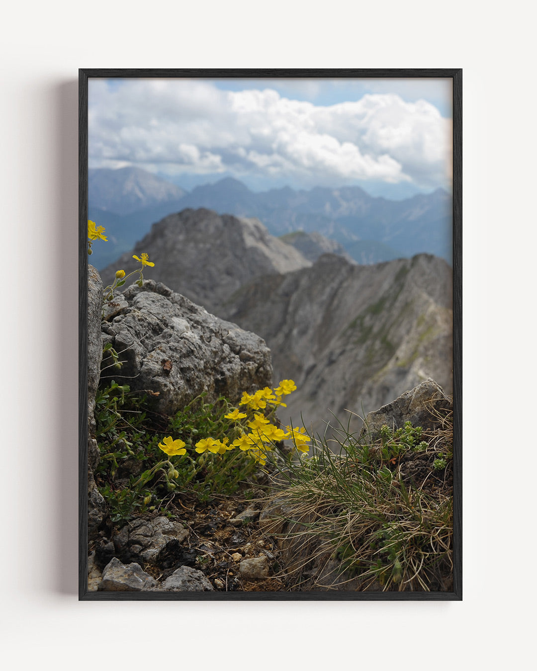 Berglandschap met bloemen poster – portret wanddecoratie – een rotsachtig berglandschap met levendige gele bloemen op de