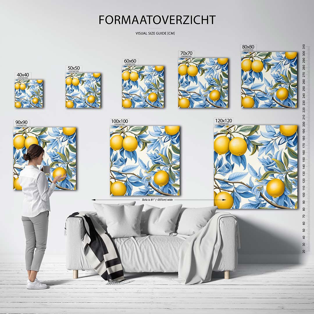 Citrus en bladeren kunstwerk – sfeerbeeld – dit werk toont levendige gele citrusvruchten te midden van sierlijke blauwe