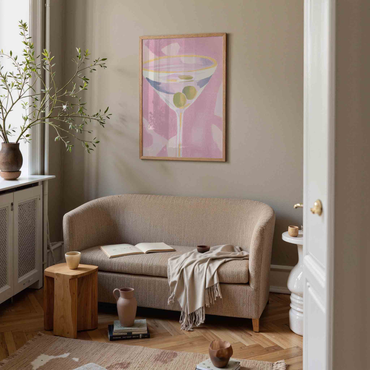 Cocktailglas met olijven – pastel poster in staand formaat