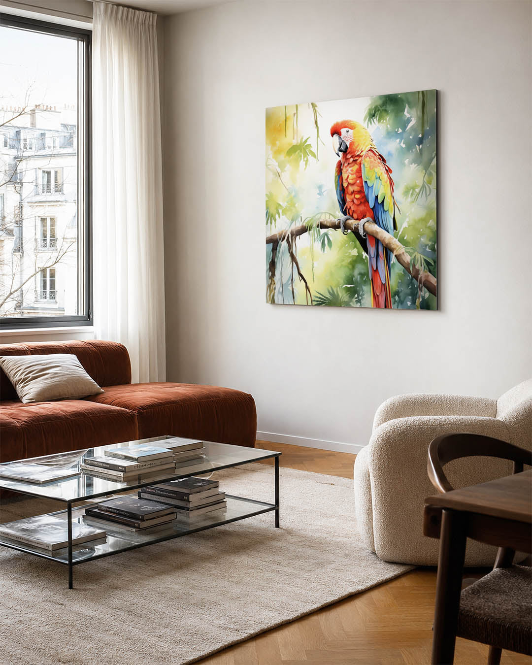 Vrolijke papegaai kunstwerk – vierkante wanddecoratie – dit werk toont een kleurrijke papegaai op een tak, omgeven door
