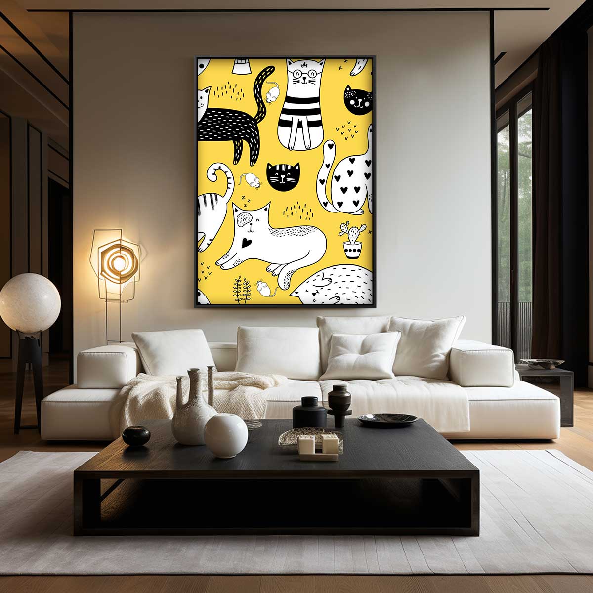 Speelse Katten Illustratie – kunstwerk met zwarte baklijst
