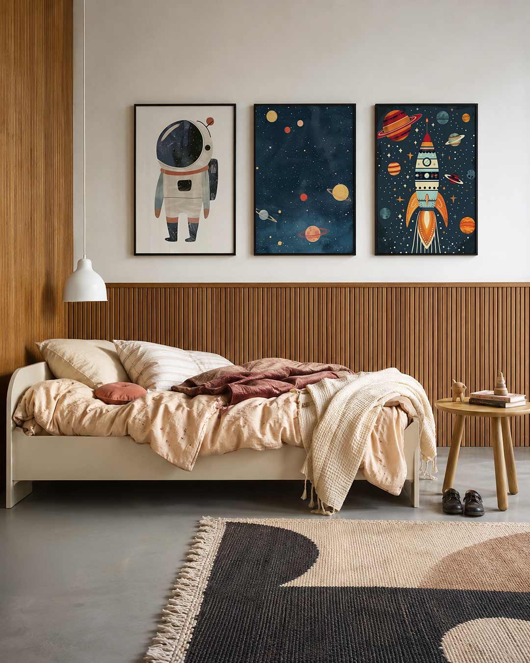 Speelse ruimtefiguur driedelige posterset – een schattige astronaut met een grote helm vol sterren
