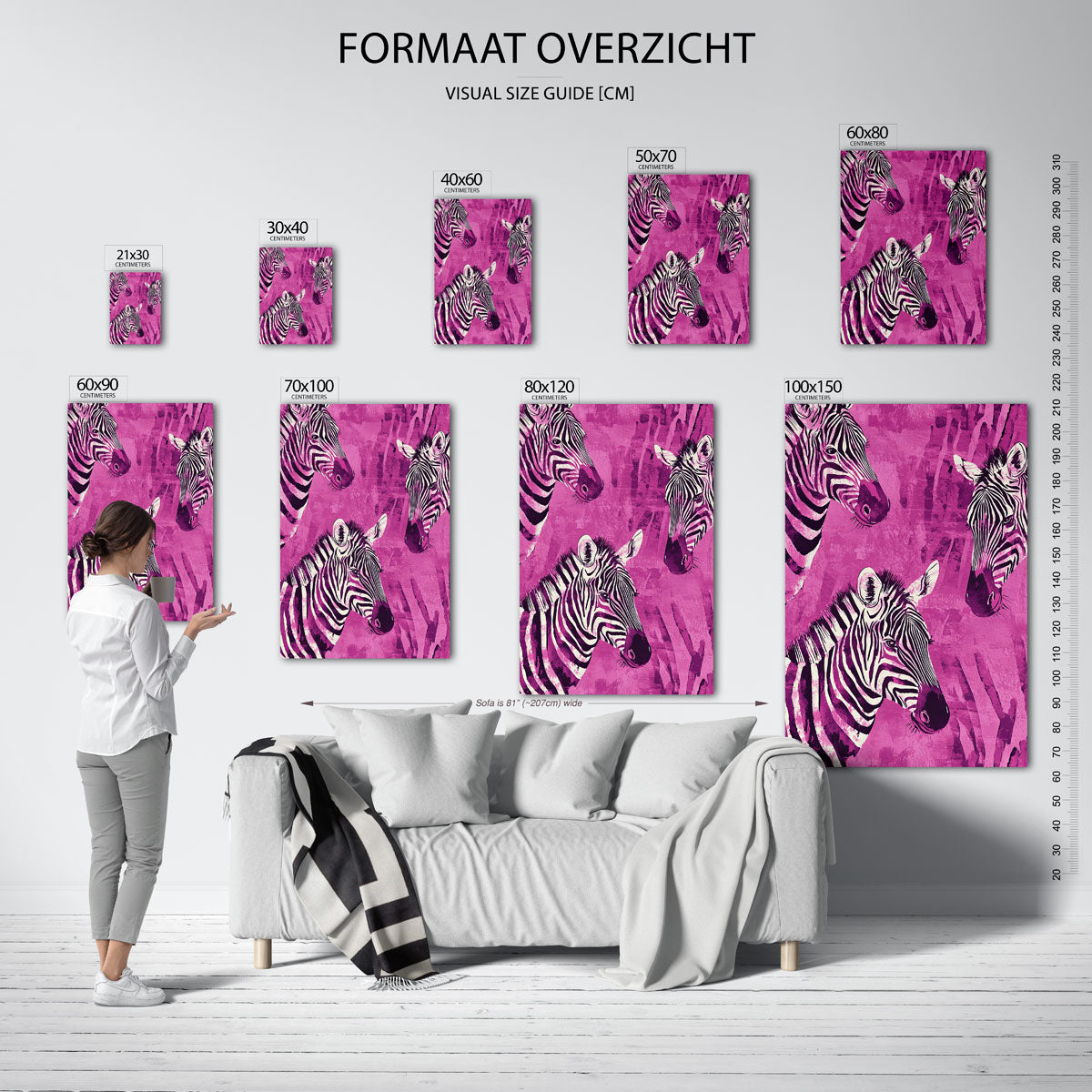 Zebra's op roze – staande muurposter met dierenthema