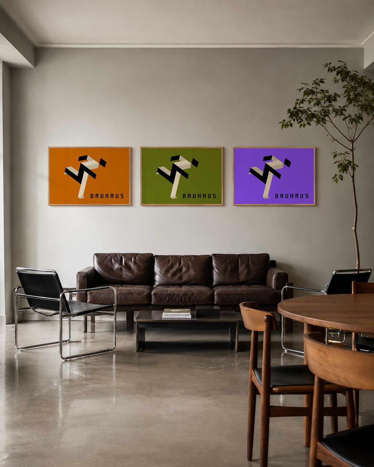 Interieurmockup van drieluik landscape-posterset met zigzag in drie kleuren