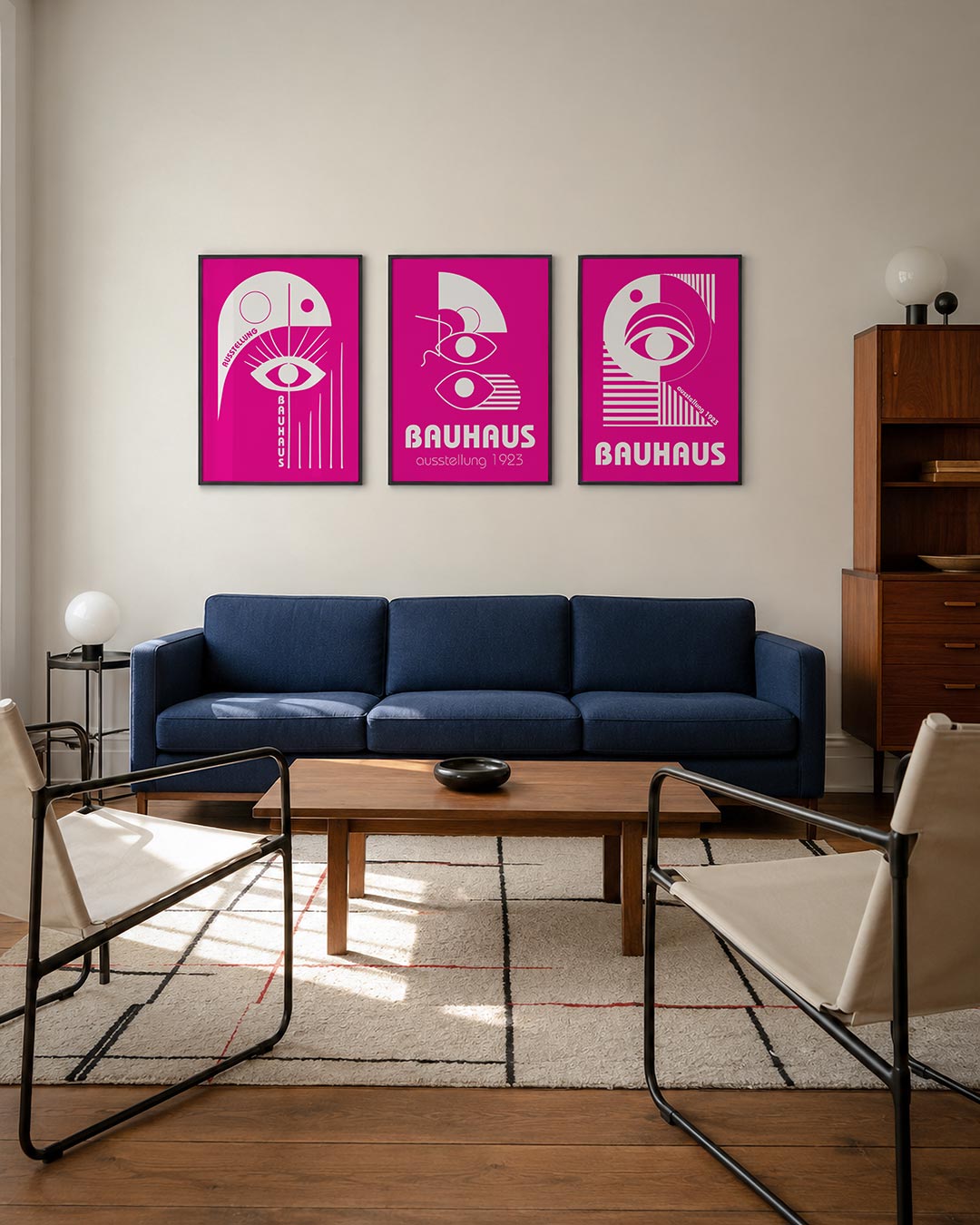 Oog en lijnen posterset – derde productweergave – een felroze achtergrond met witte geometrische vormen. Een groot oog