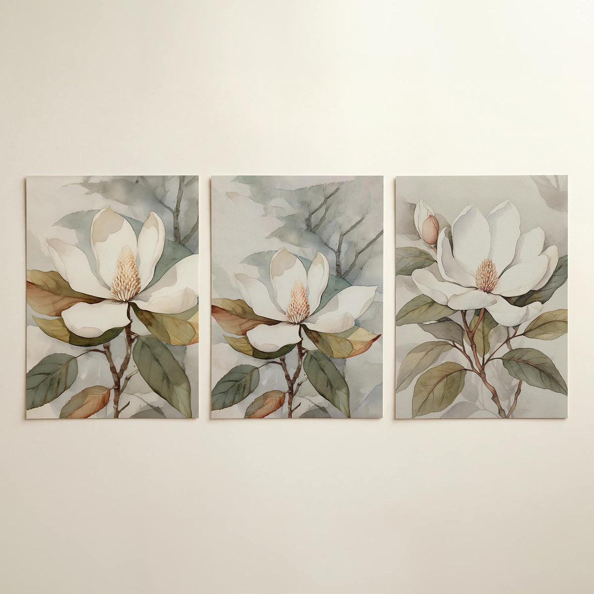 Bloem en bladeren posterset – detailweergave – een zachte aquarel van een bloem met grote witte
