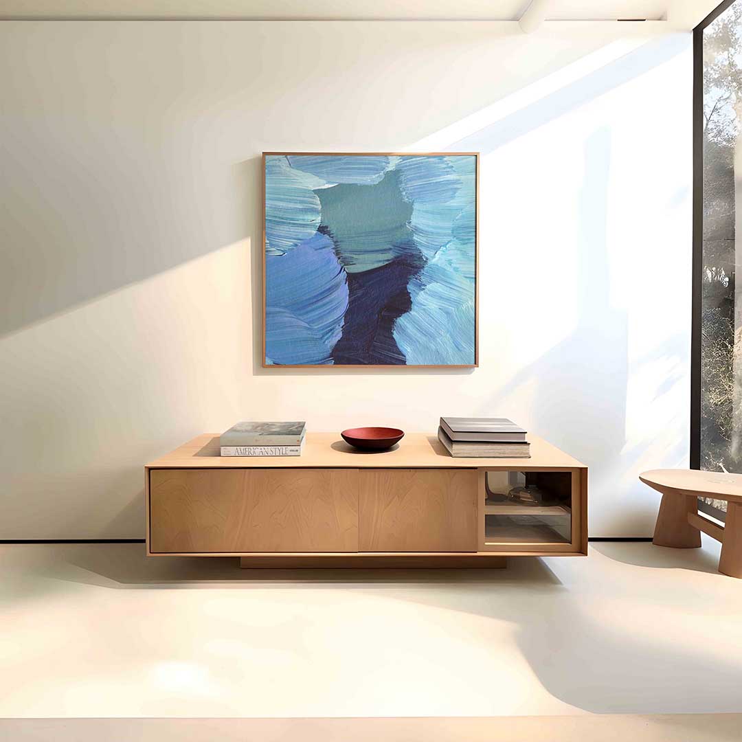 Blauwe penseelstreken – vierkante schilderkunst wanddecoratie van WallArtistic