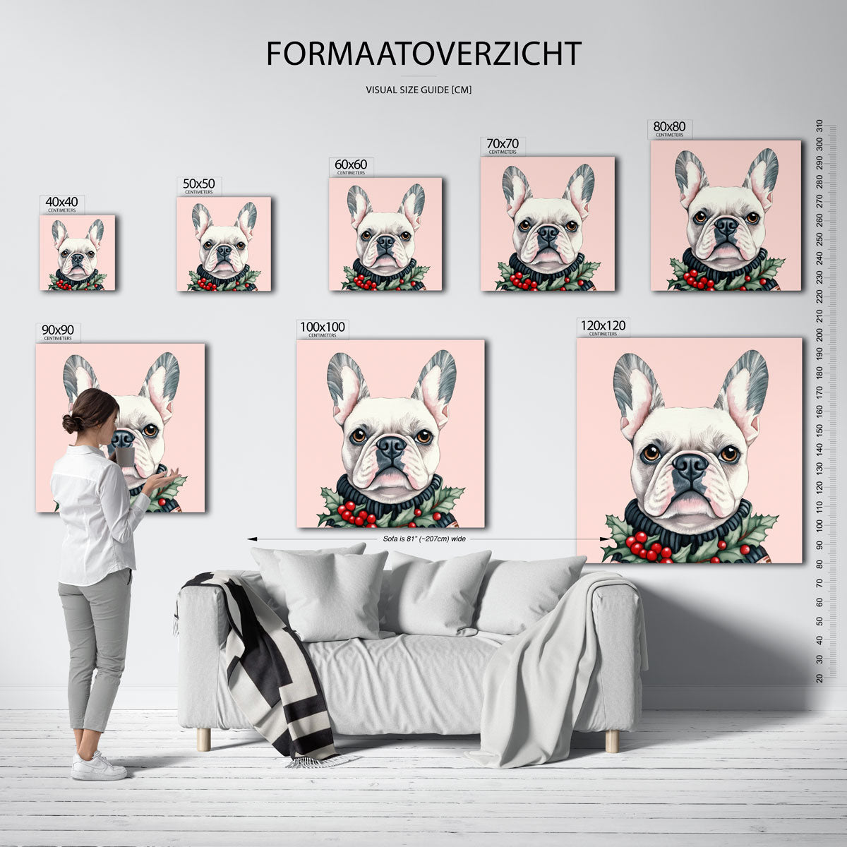 Franse bulldog met hulst – vierkante muurposter voor de kinderkamer