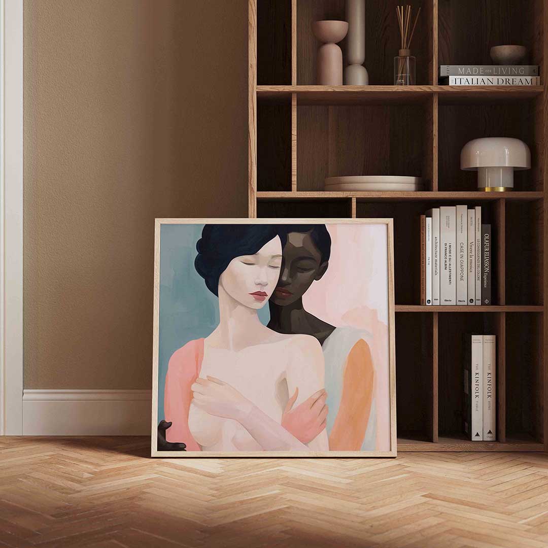 Twee figuren omhelzing – portret poster in vierkant formaat