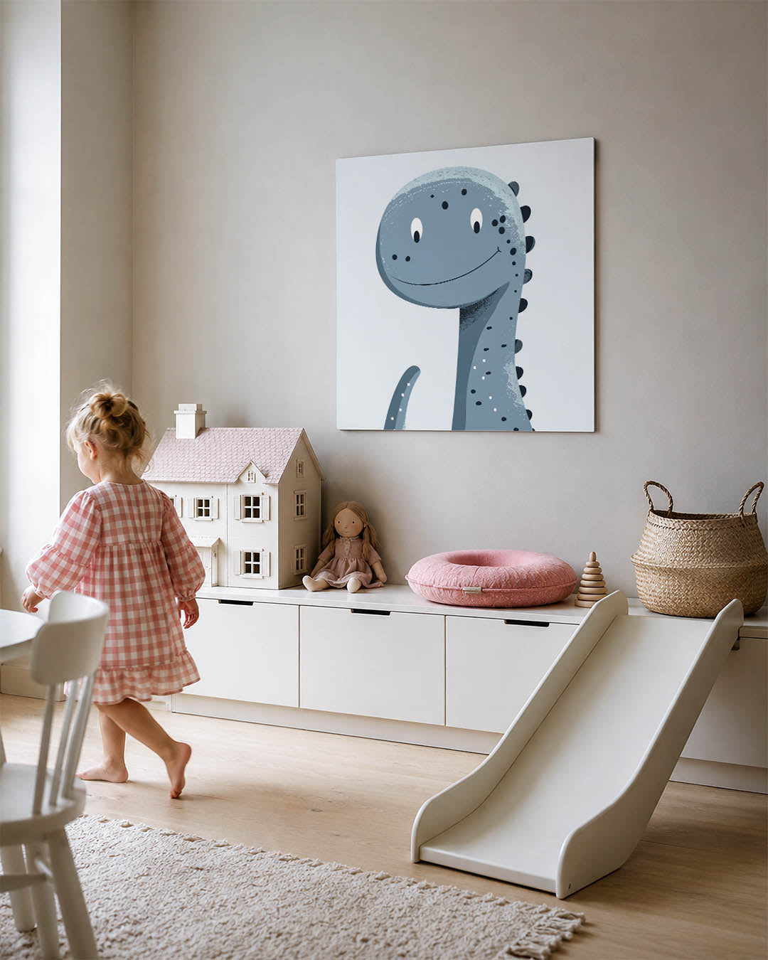Vrolijke dino illustratie kunstwerk – tweede productweergave – dit werk toont een glimlachende dinosaurus met een speelse