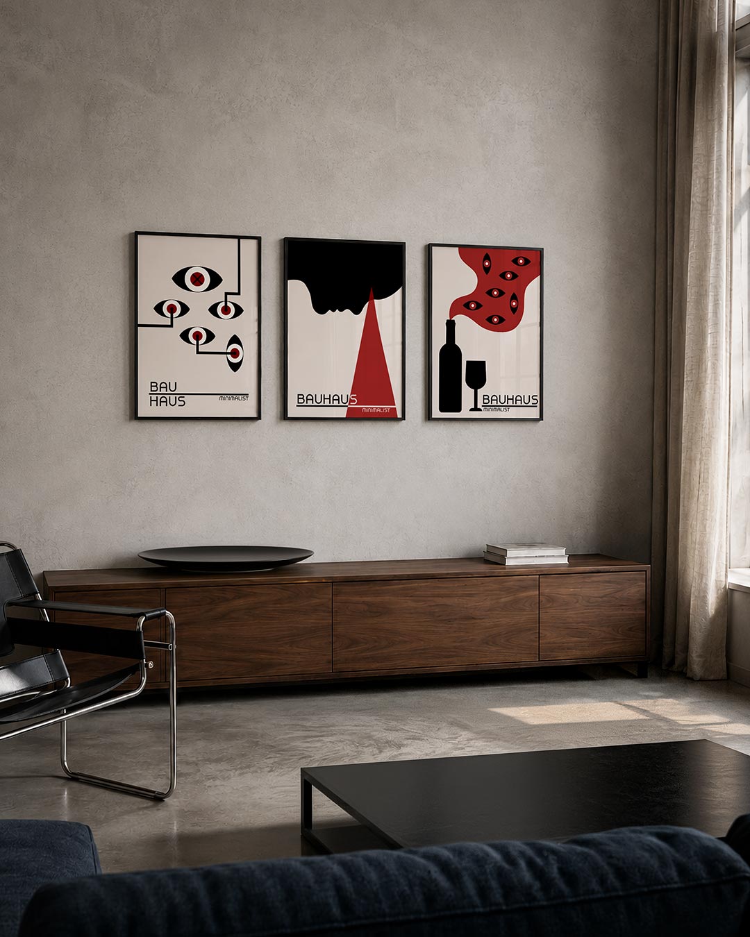 Ooglijnenspel posterset – tweede productweergave – deze posterset in drie delen toont een spel van ogen en lijnen. Zwarte en