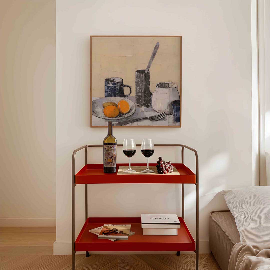 Stilleven met sinaasappels – vierkante keuken wanddecoratie van WallArtistic