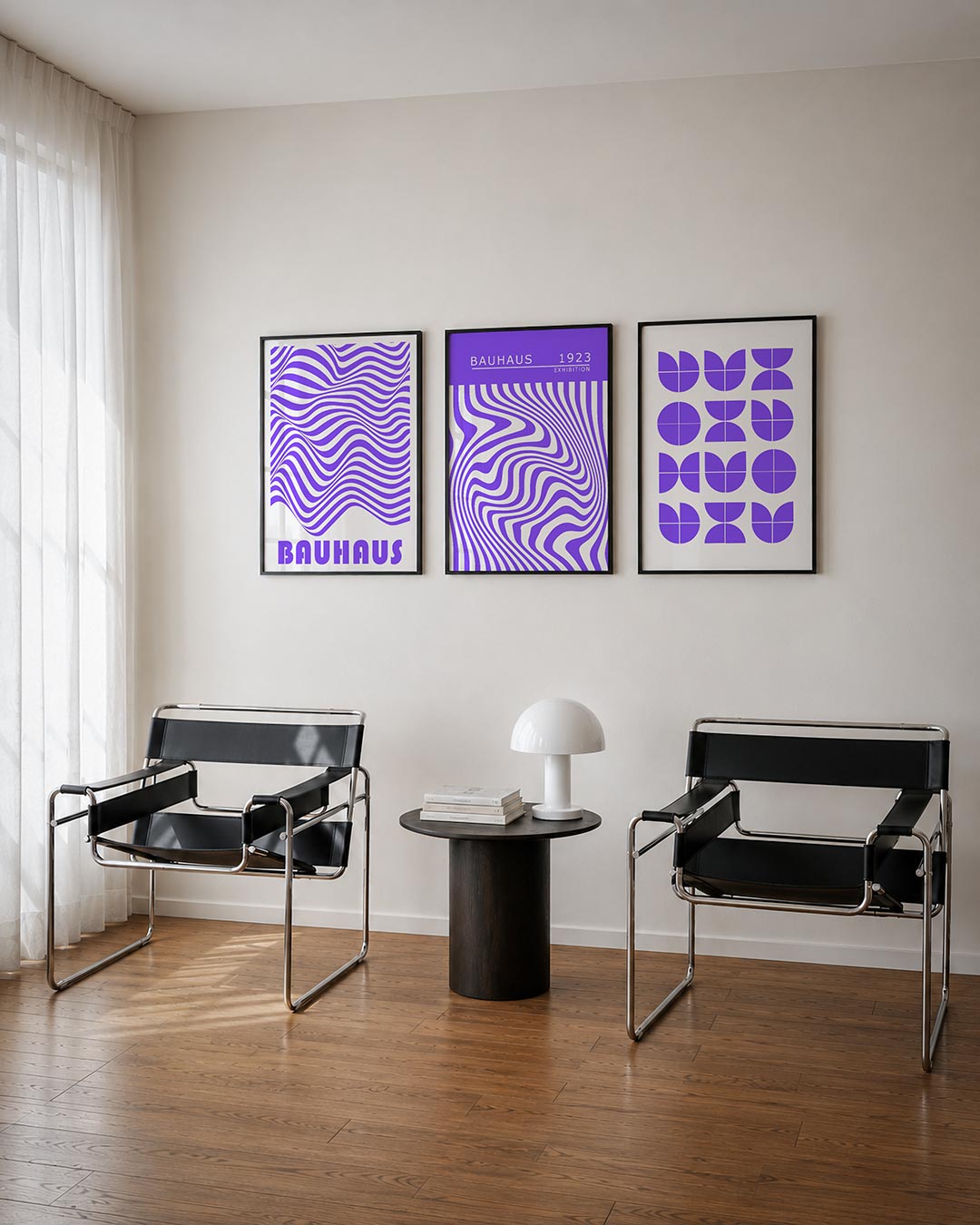 Golvend lijnenspel posterset – derde productweergave – deze posterset in drie delen toont vloeiende paarse lijnen