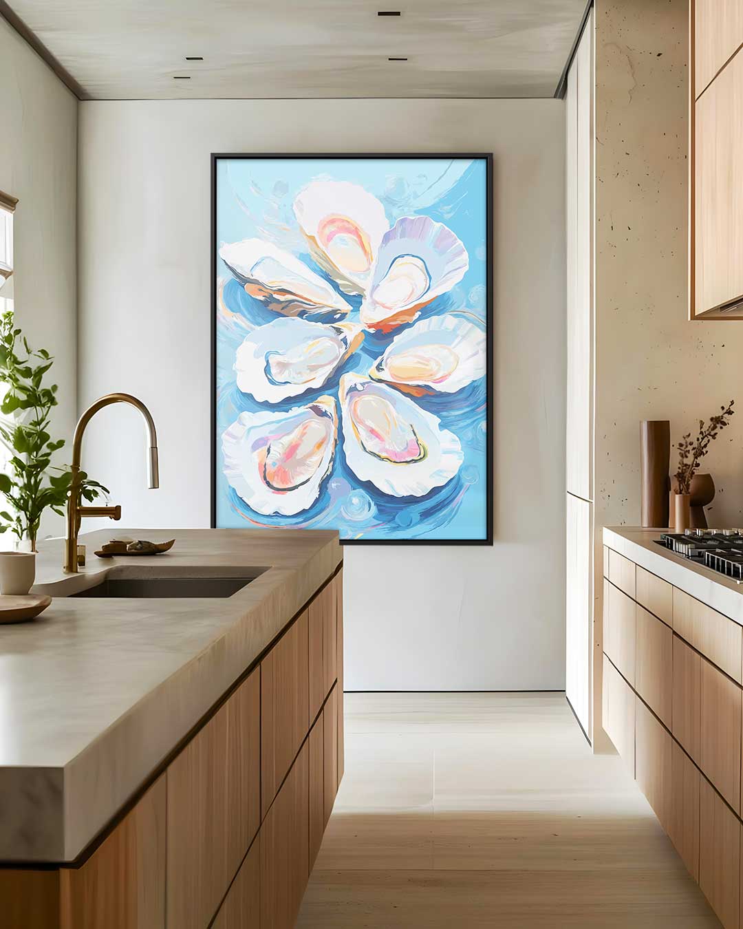 Vrolijke Oesters op Zee – dibond wanddecoratie in staand formaat