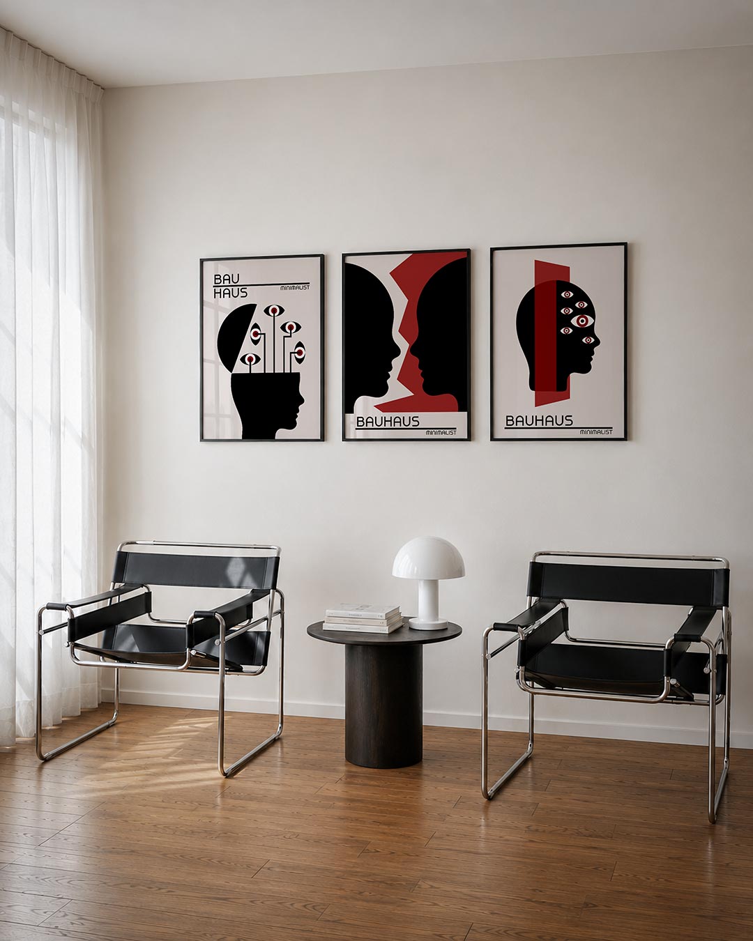 Ooglijnenspel driedelige posterset – een silhouet met open hoofd waaruit lijnen met ogen groeien. Zwart, wit en rood creëren