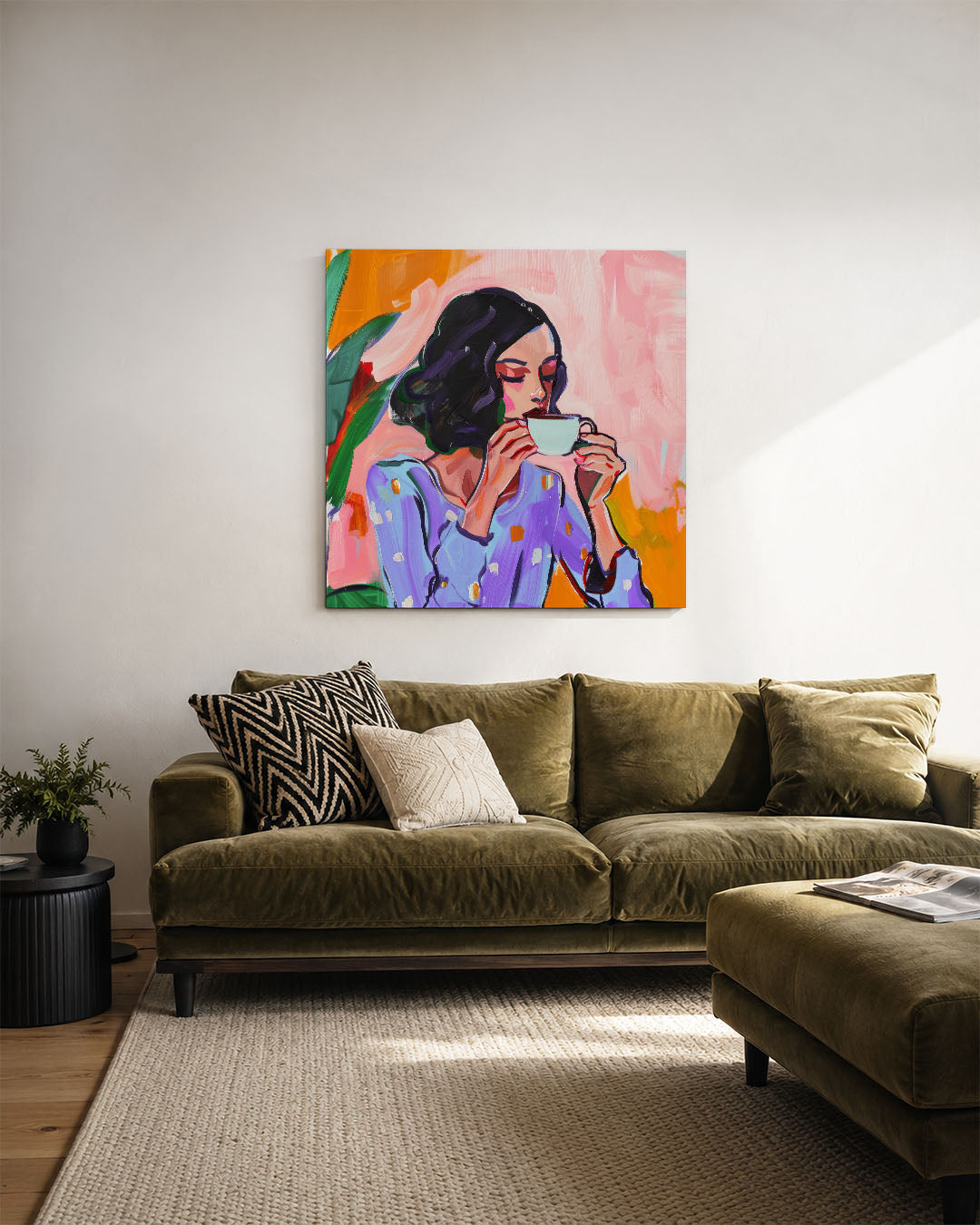 Vrouw met koffiekop kunstwerk – derde productweergave – dit werk toont een vrouw die geniet van een kopje koffie. De