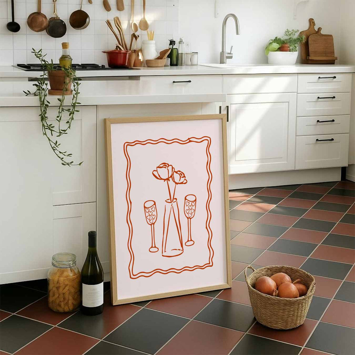 Romantische Bloemen en Hartjes – staande muurposter voor keuken of eethoek