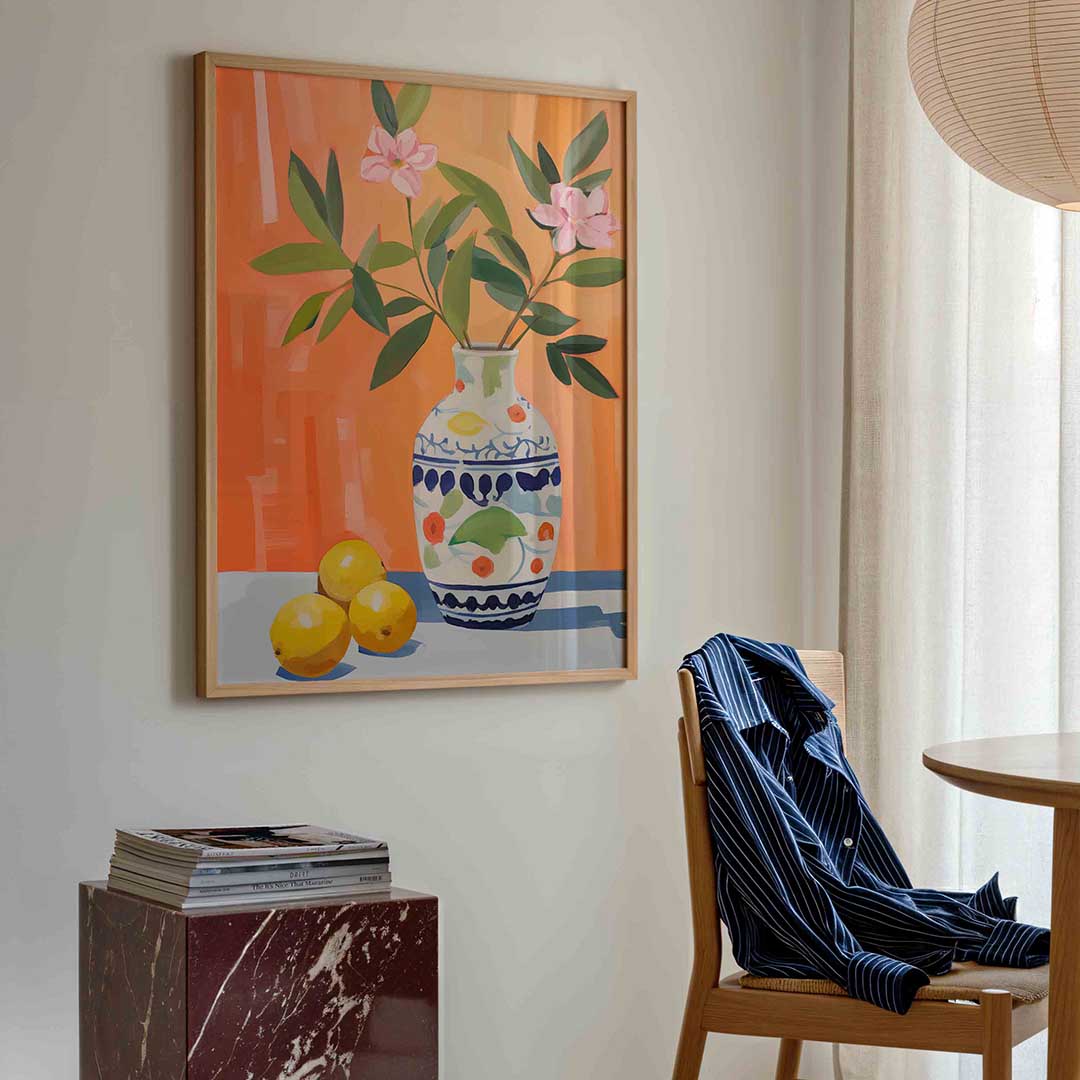 Bloemen in vaas met citroenen – bloemen poster in staand formaat