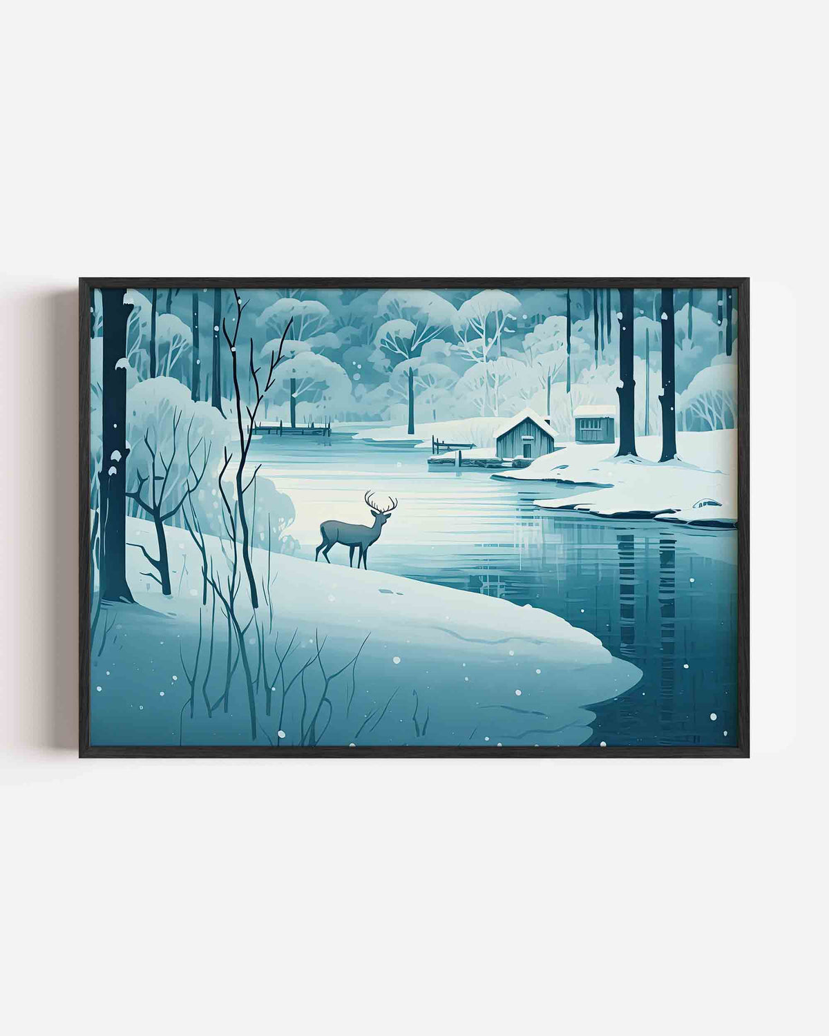 Hert bij besneeuwd meer – hedendaagse illustratie poster in landscape formaat