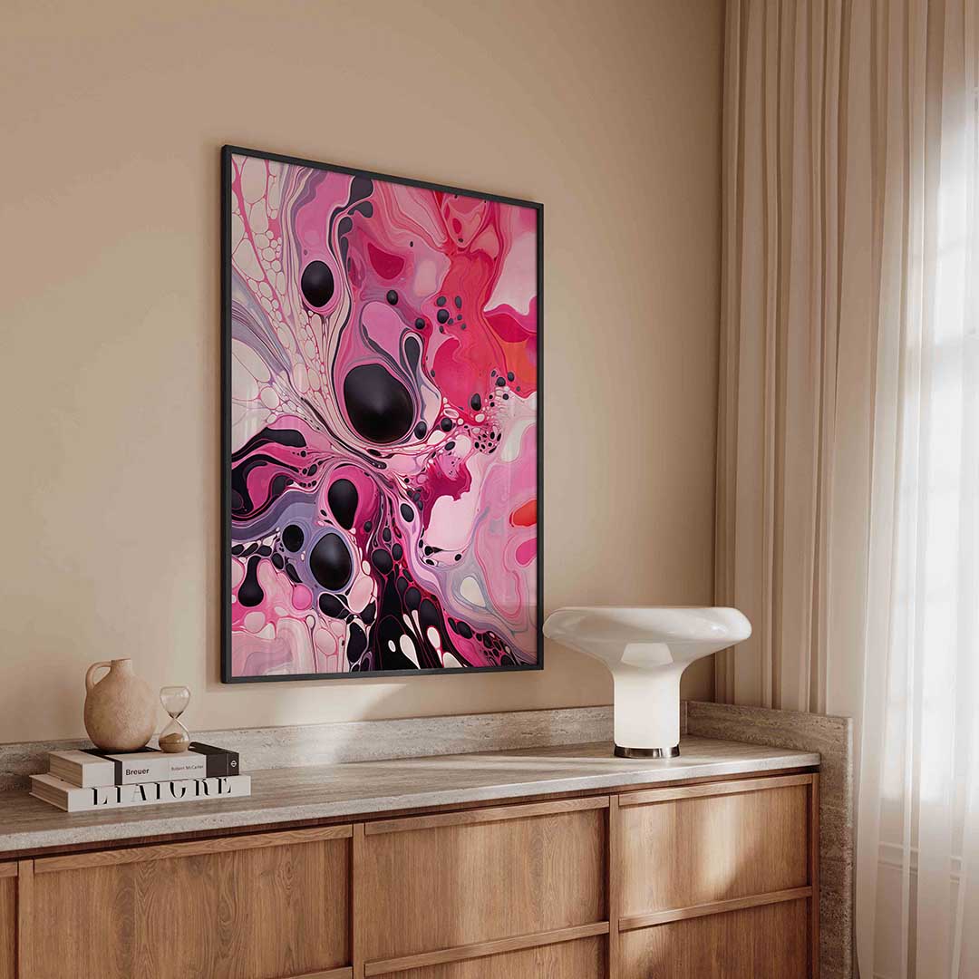 Abstracte roze en zwarte vormen – kleurrijke poster met vormen in staand formaat