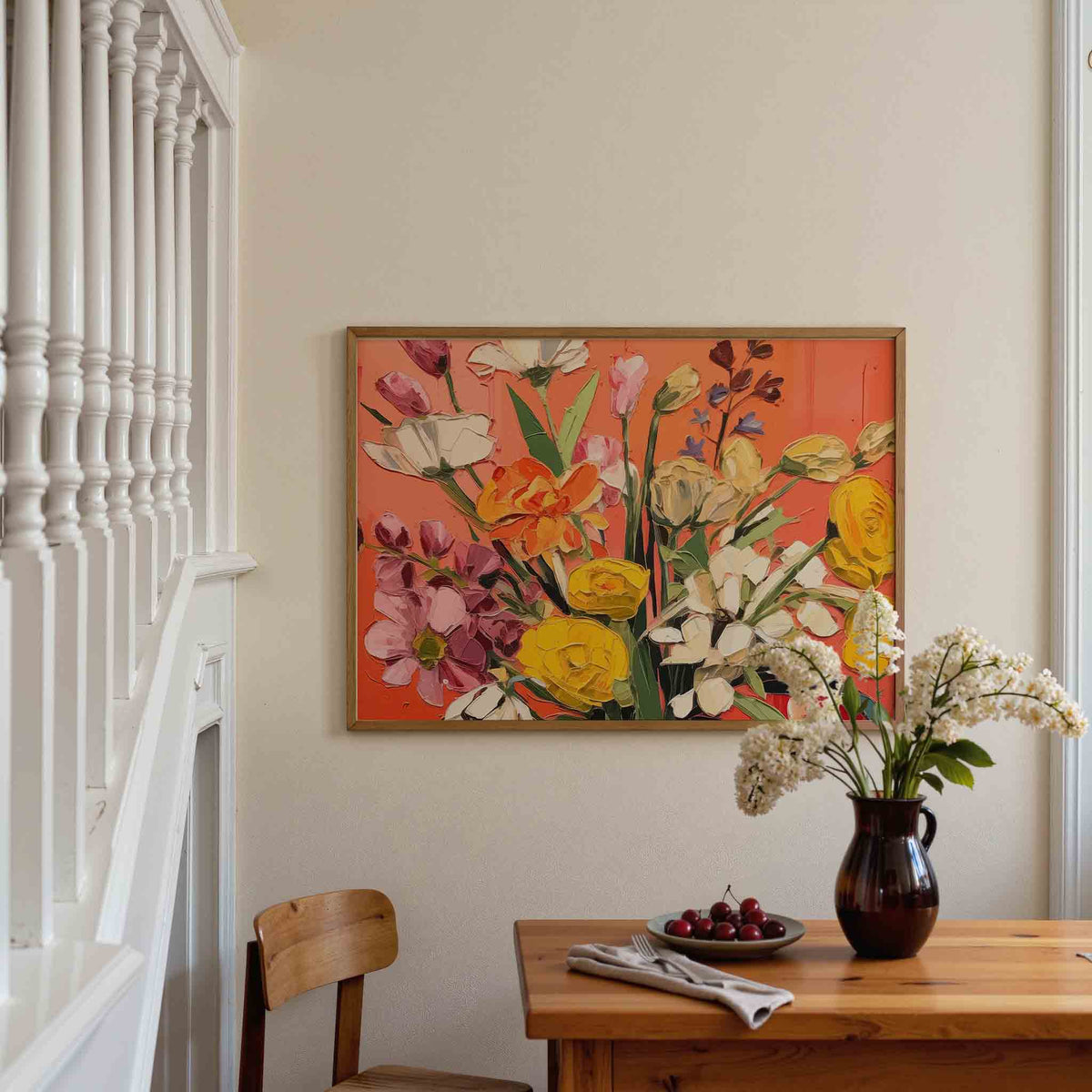 Bloemen op oranje – botanische poster in liggend formaat