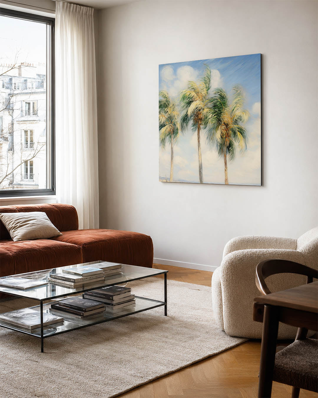 Tropische palmen kunstwerk – vierkante wanddecoratie – dit werk toont drie wuivende palmbomen tegen een blauwe lucht met