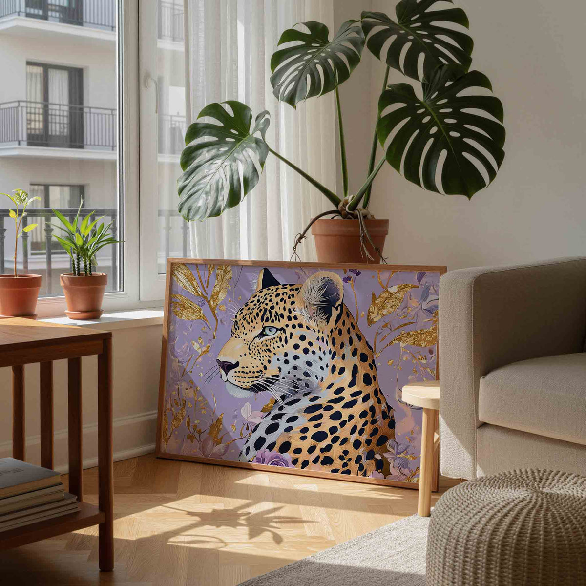 Luipaard met bloemen – tropische wandkunst als landscape poster